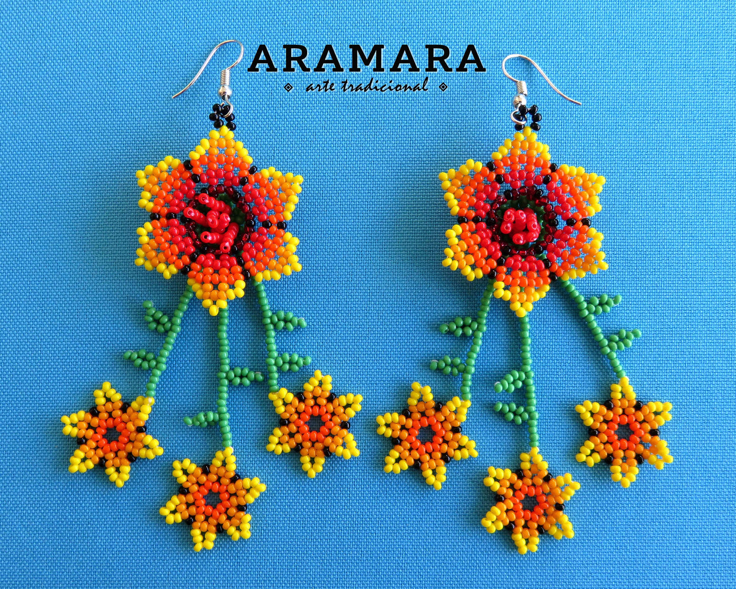 Yellow and orange Huichol Beaded Flower Earrings | AF-0841