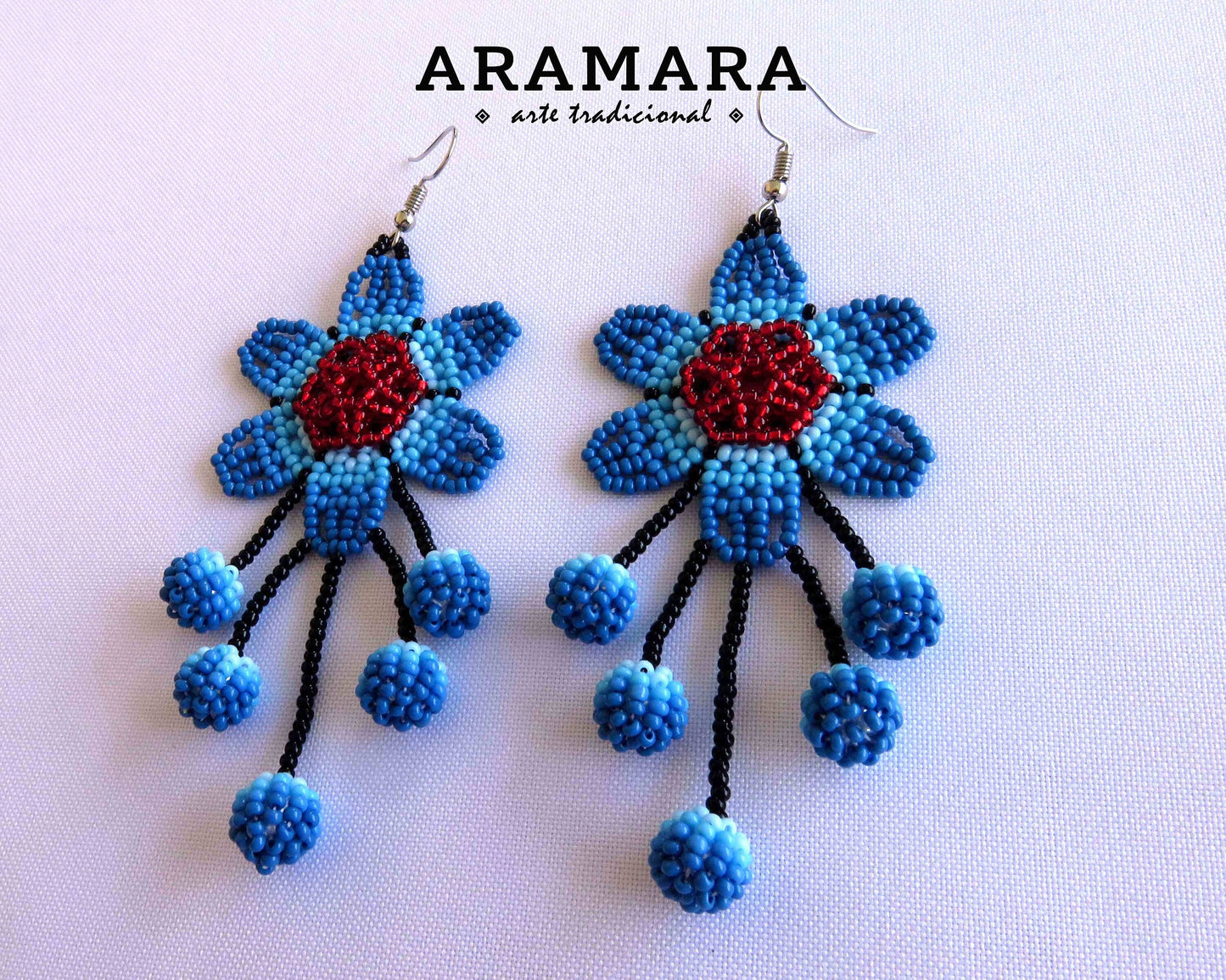 Blue Huichol Beaded Flower Earrings | AF-0853