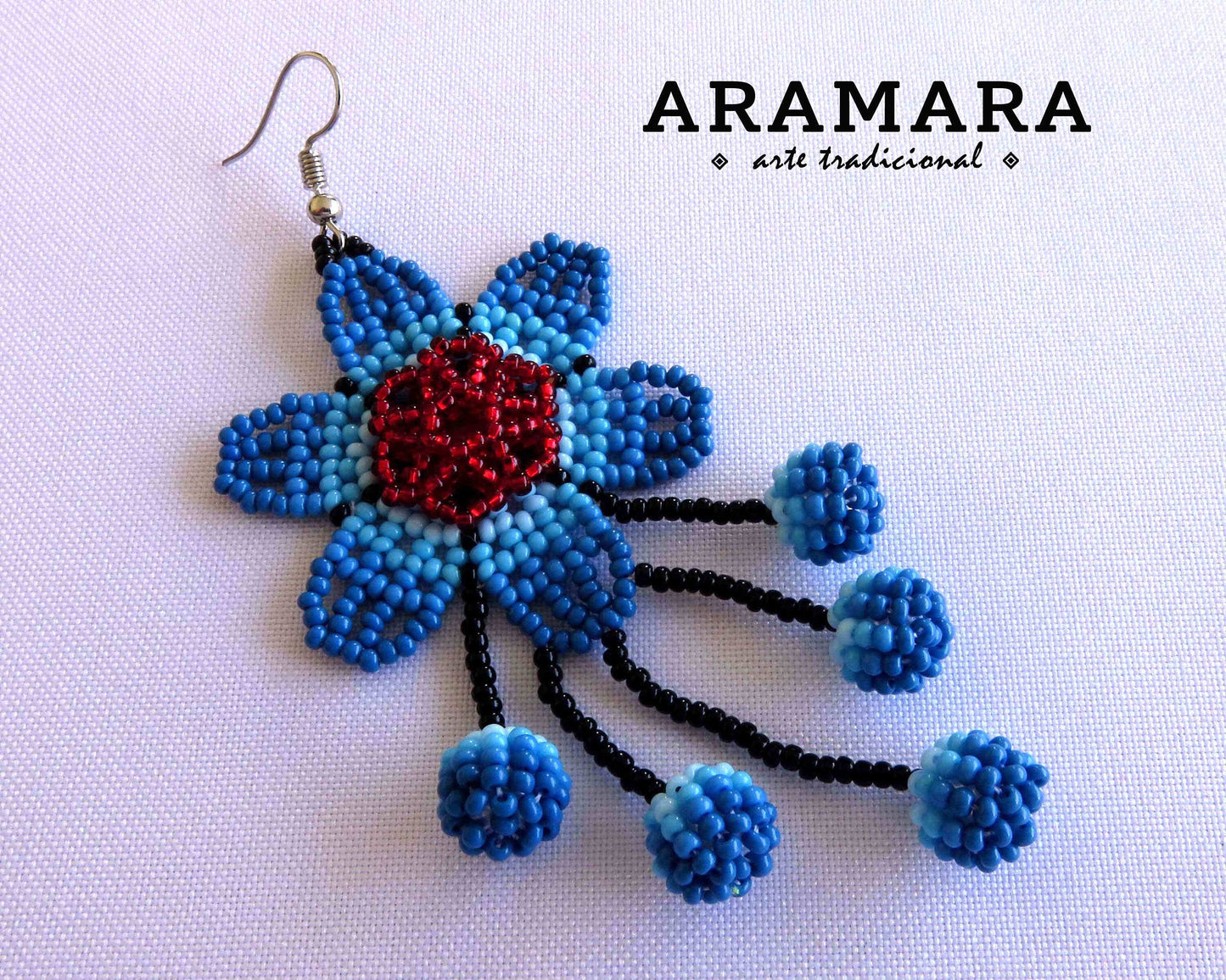 Blue Huichol Beaded Flower Earrings | AF-0853
