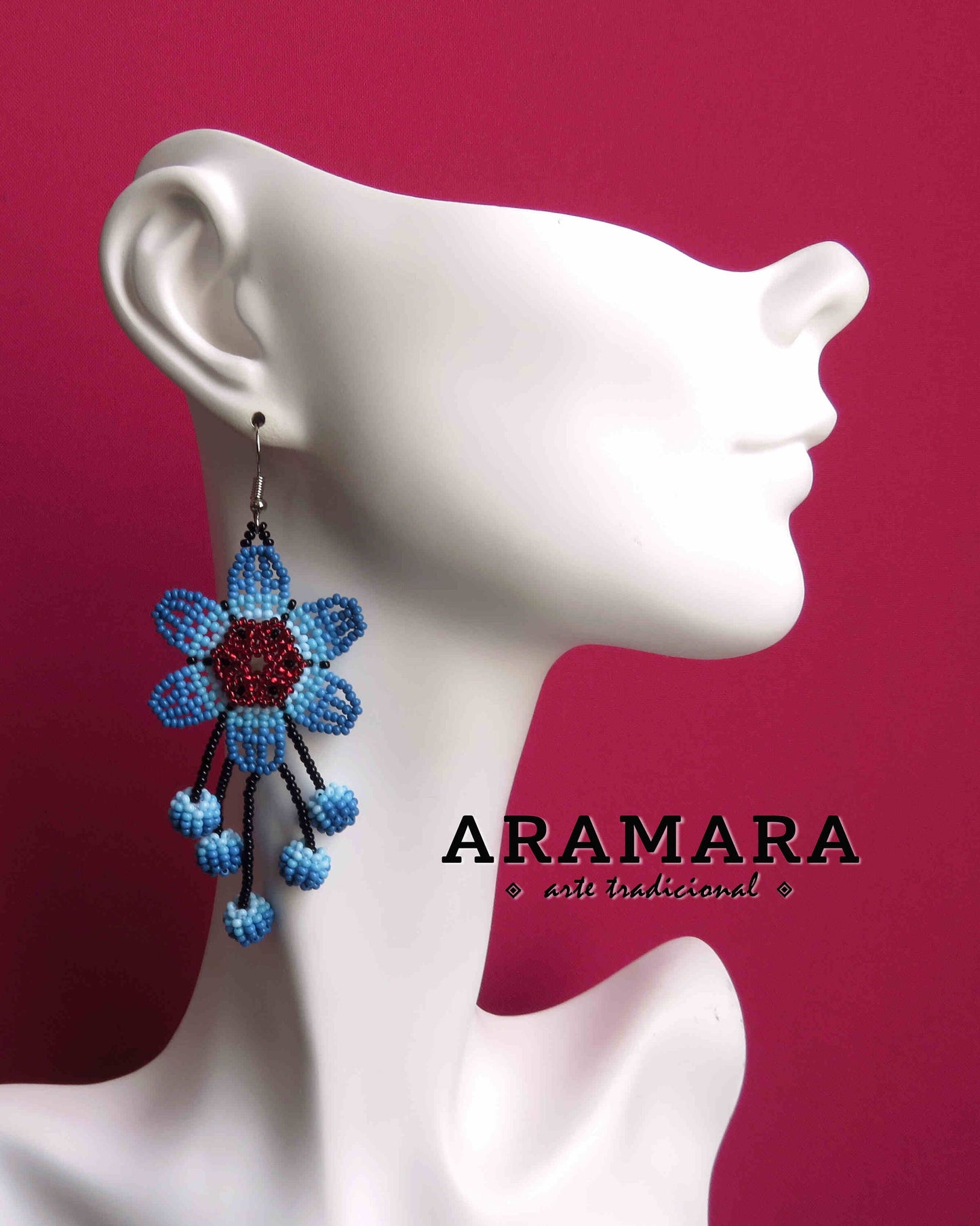 Blue Huichol Beaded Flower Earrings | AF-0853