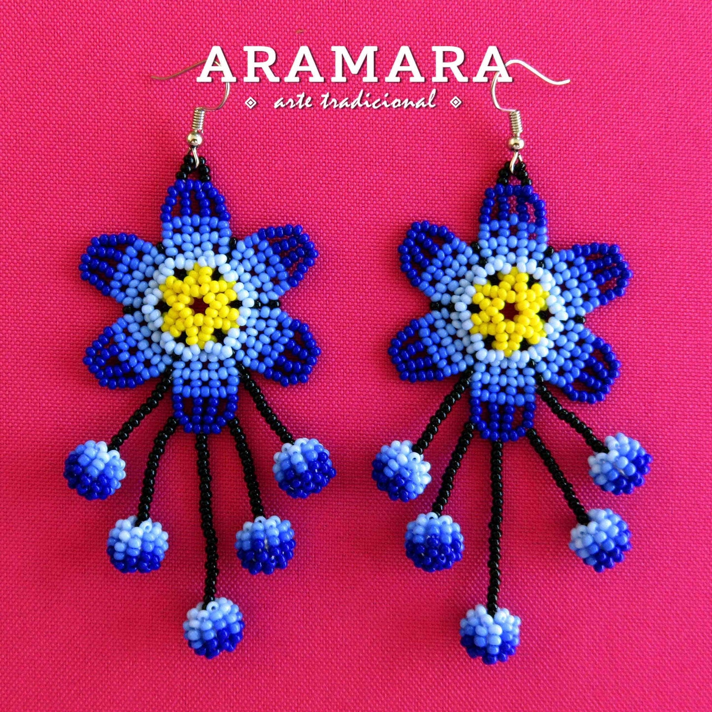 Native american earrings, Huichol Earrings, Mexican earrings, Mexican folk art, Flower Earrings, Mexican Jewelry, Beaded Flower, AF-0855
