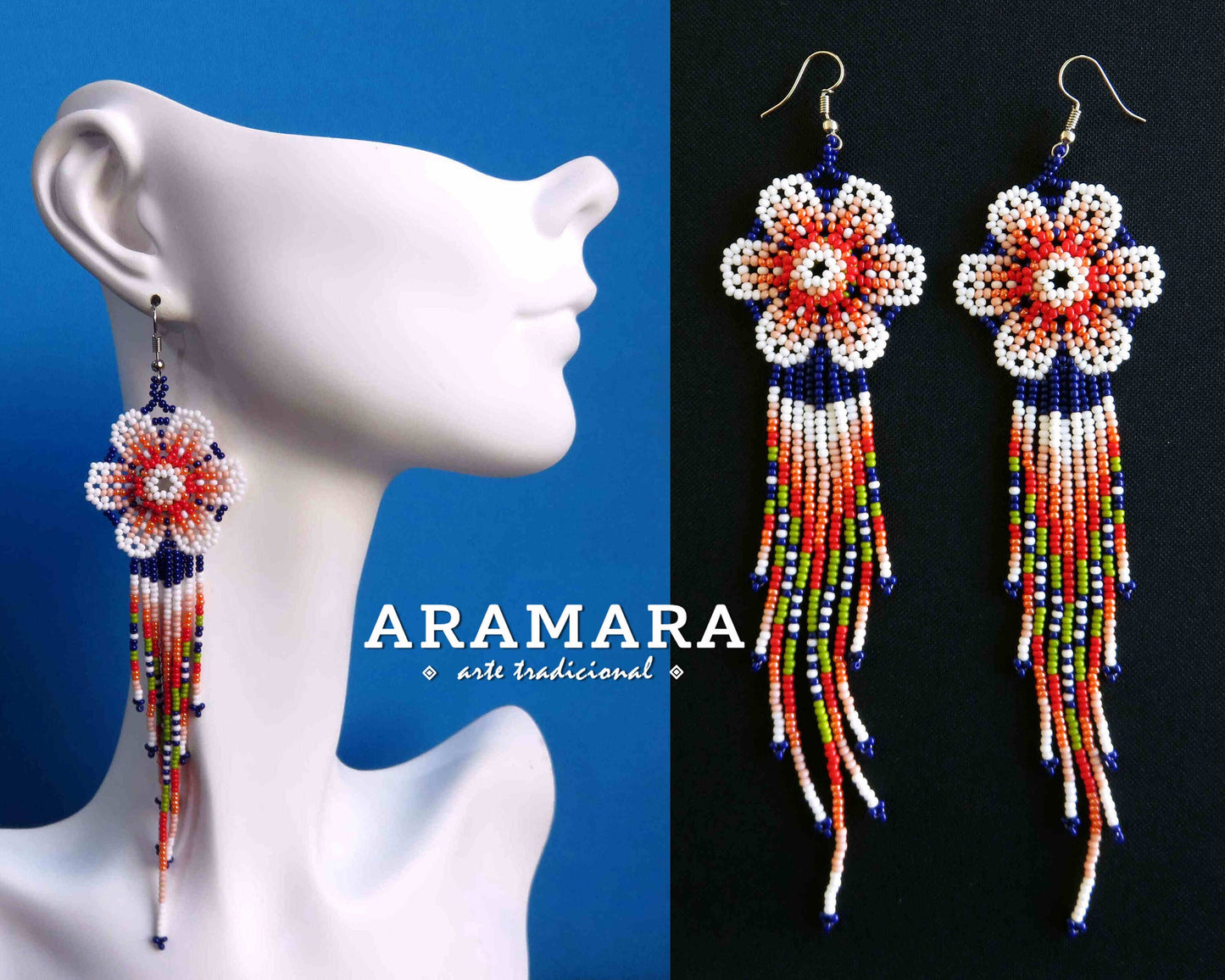 White and Blue Huichol Beaded Flower Earrings | AF-0868