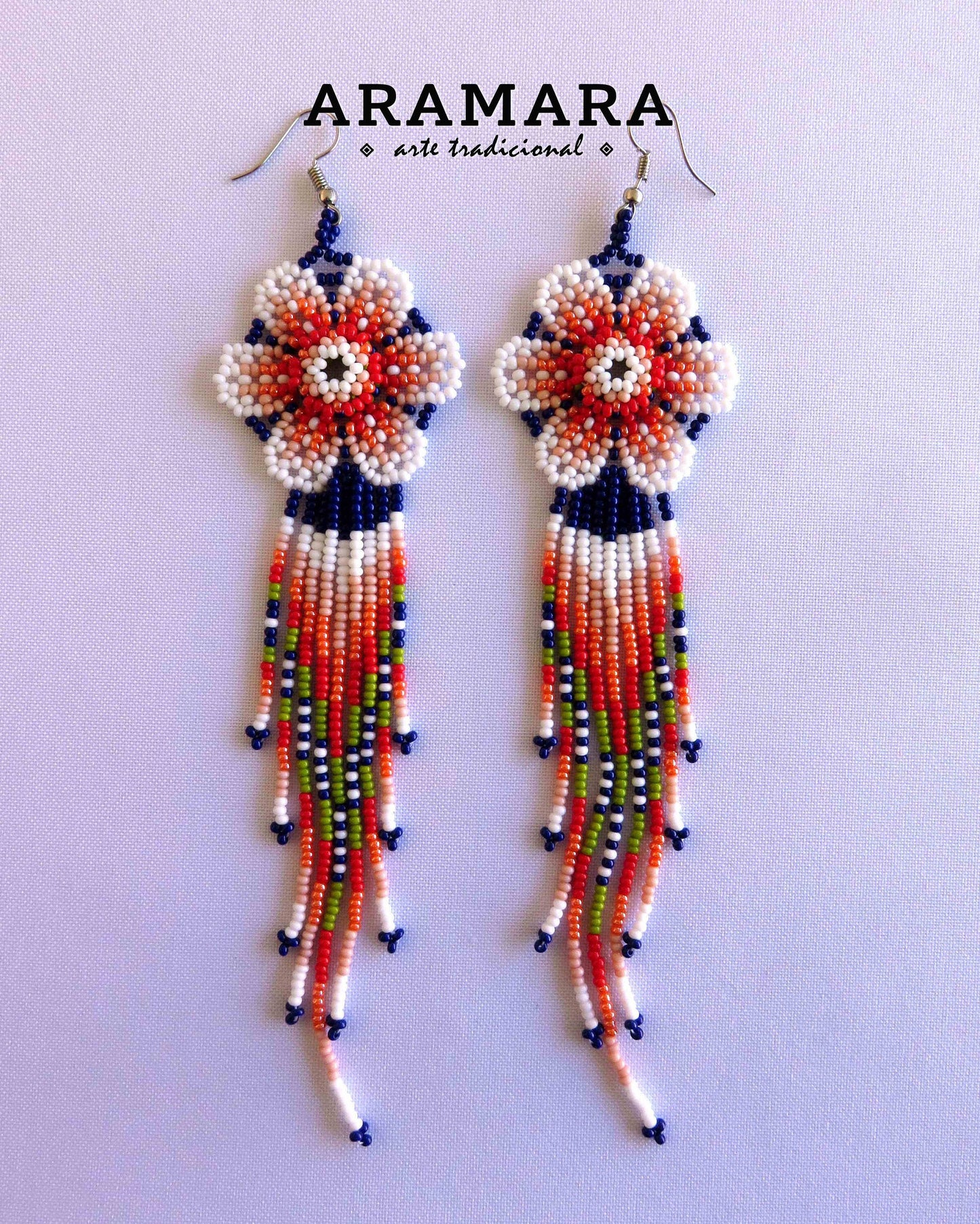 White and Blue Huichol Beaded Flower Earrings | AF-0868