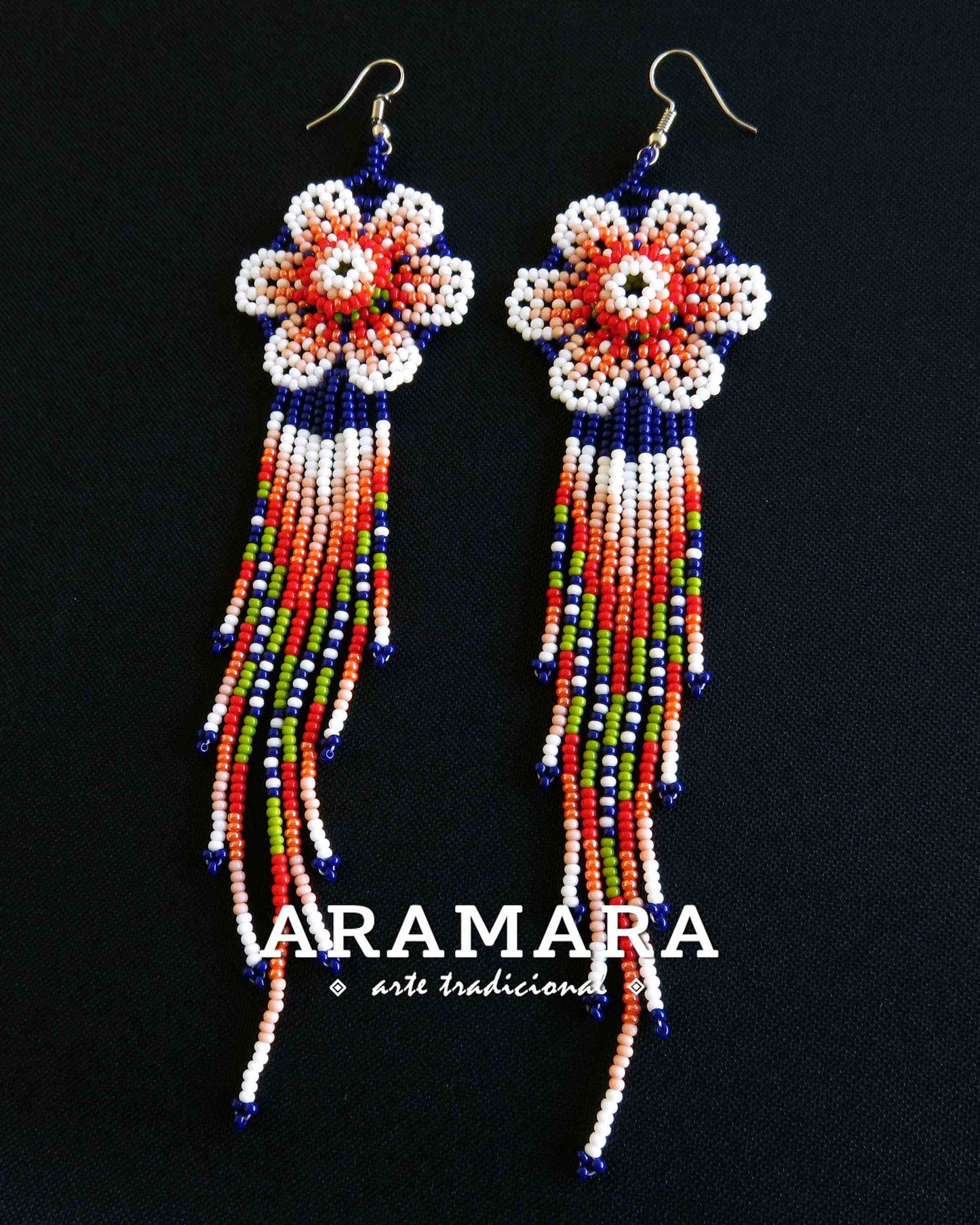 White and Blue Huichol Beaded Flower Earrings | AF-0868