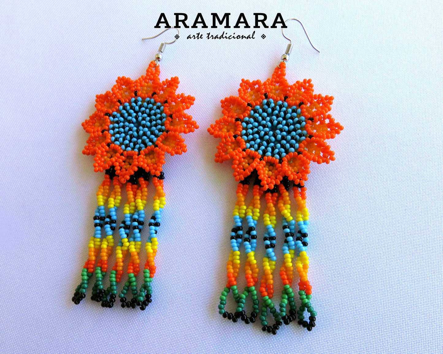Orange and Blue Huichol Beaded Flower earrings | AF-0873
