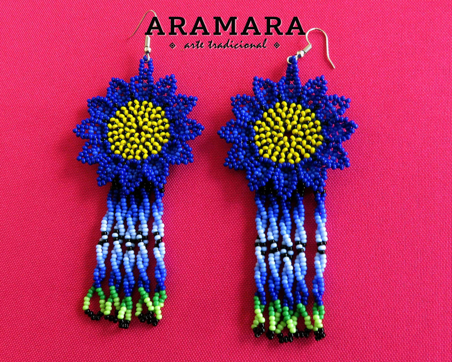 Mexican Jewelry, Native american earrings, Mexican folk art, Flower Earrings, Mexican earrings, Beaded Flower, Huichol Earrings, AF-0875