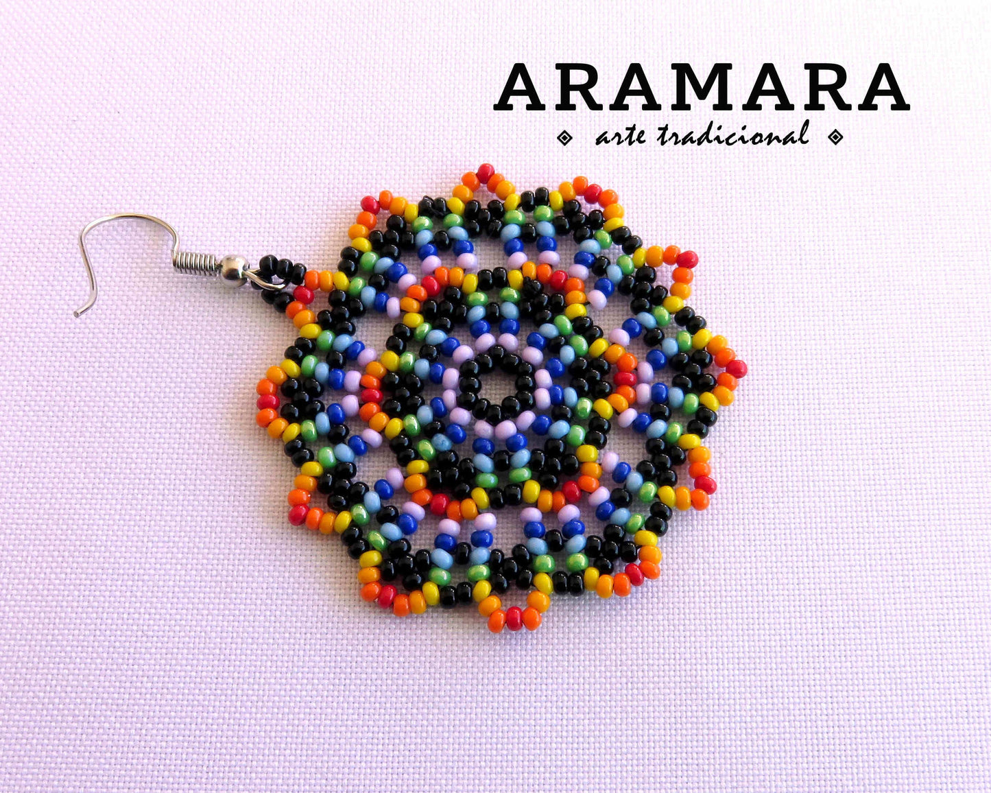 Yellow Huichol Beaded Flower Mandala Earrings | AF-0884