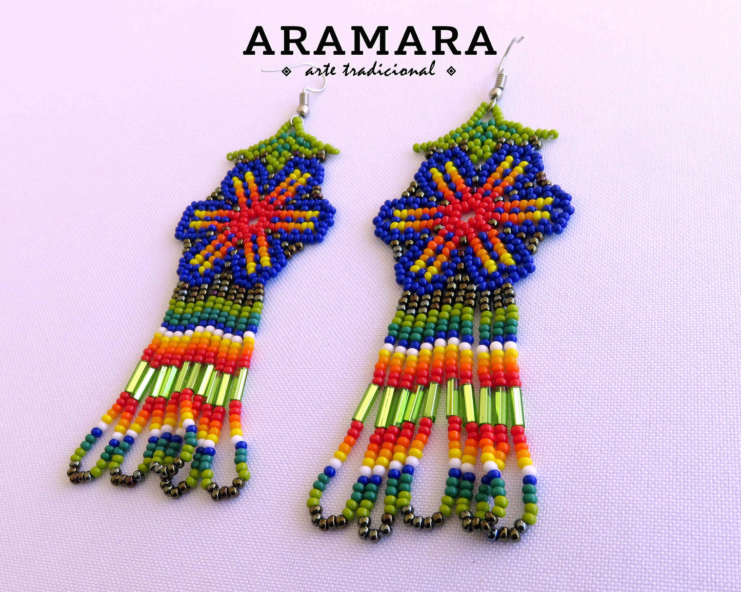 Mexican Jewelry, Mexican folk art, Native american earrings, Mexican earrings, Huichol Earrings, Beaded Flower, Flower Earrings, AF-0892
