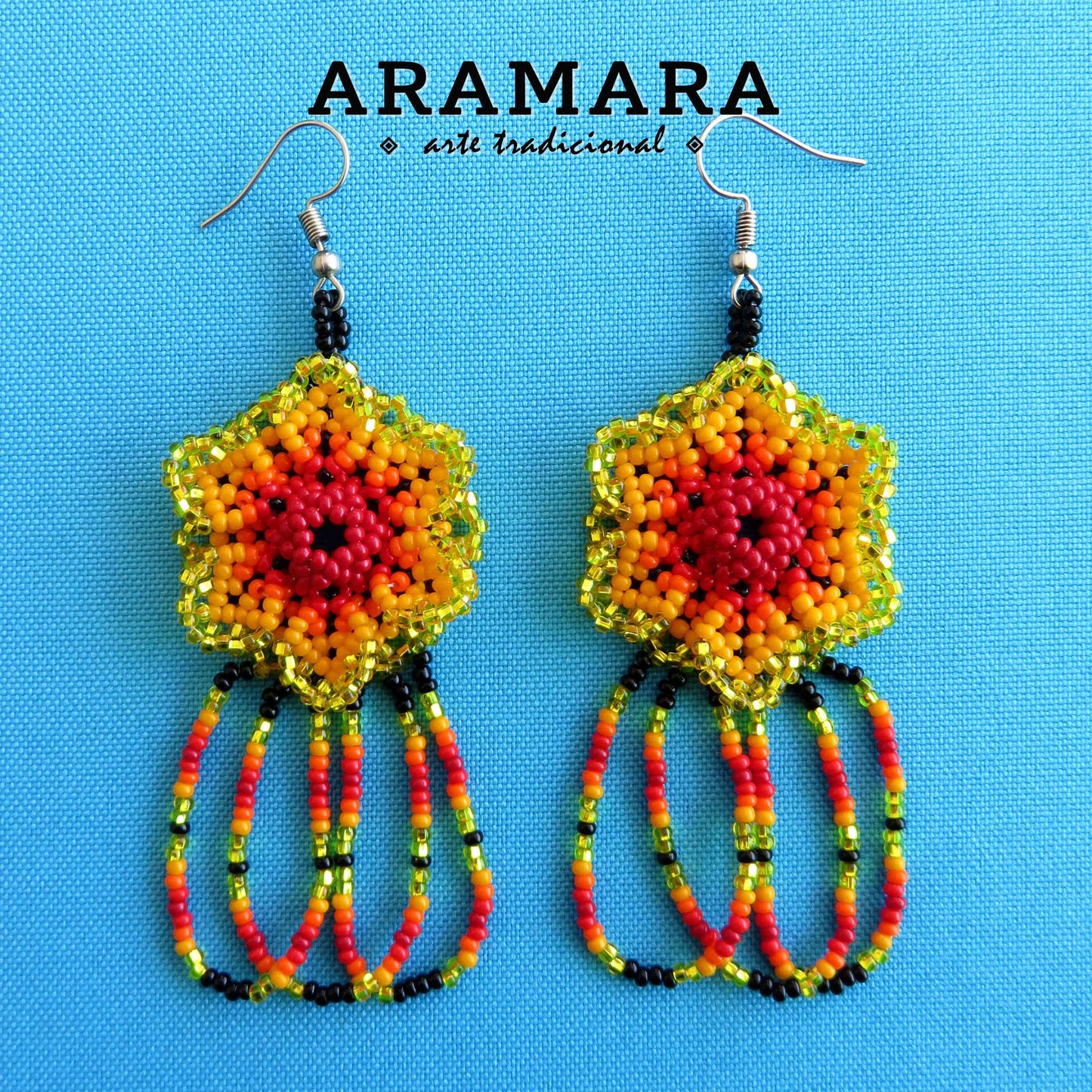 Orange and Red Huichol Beaded Flower Earrings | AF-0796