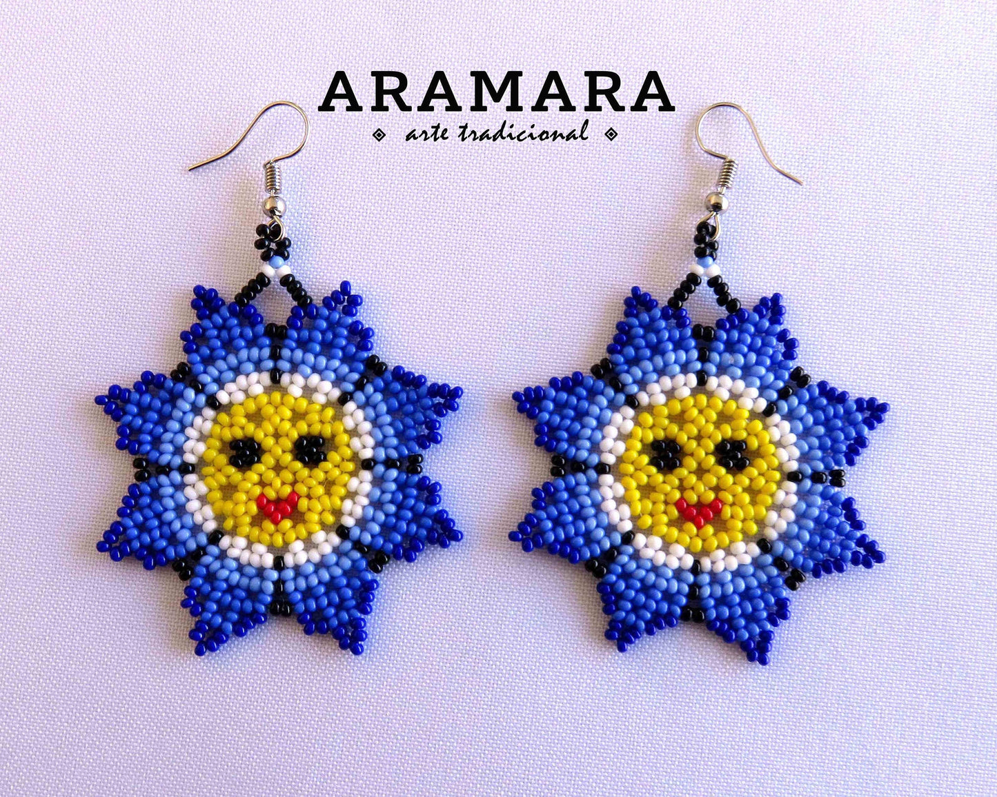 Blue and Yellow Huichol Beaded Flower Earrings | AO-0003