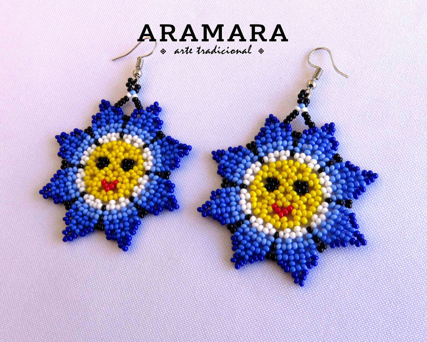 Blue and Yellow Huichol Beaded Flower Earrings | AO-0003