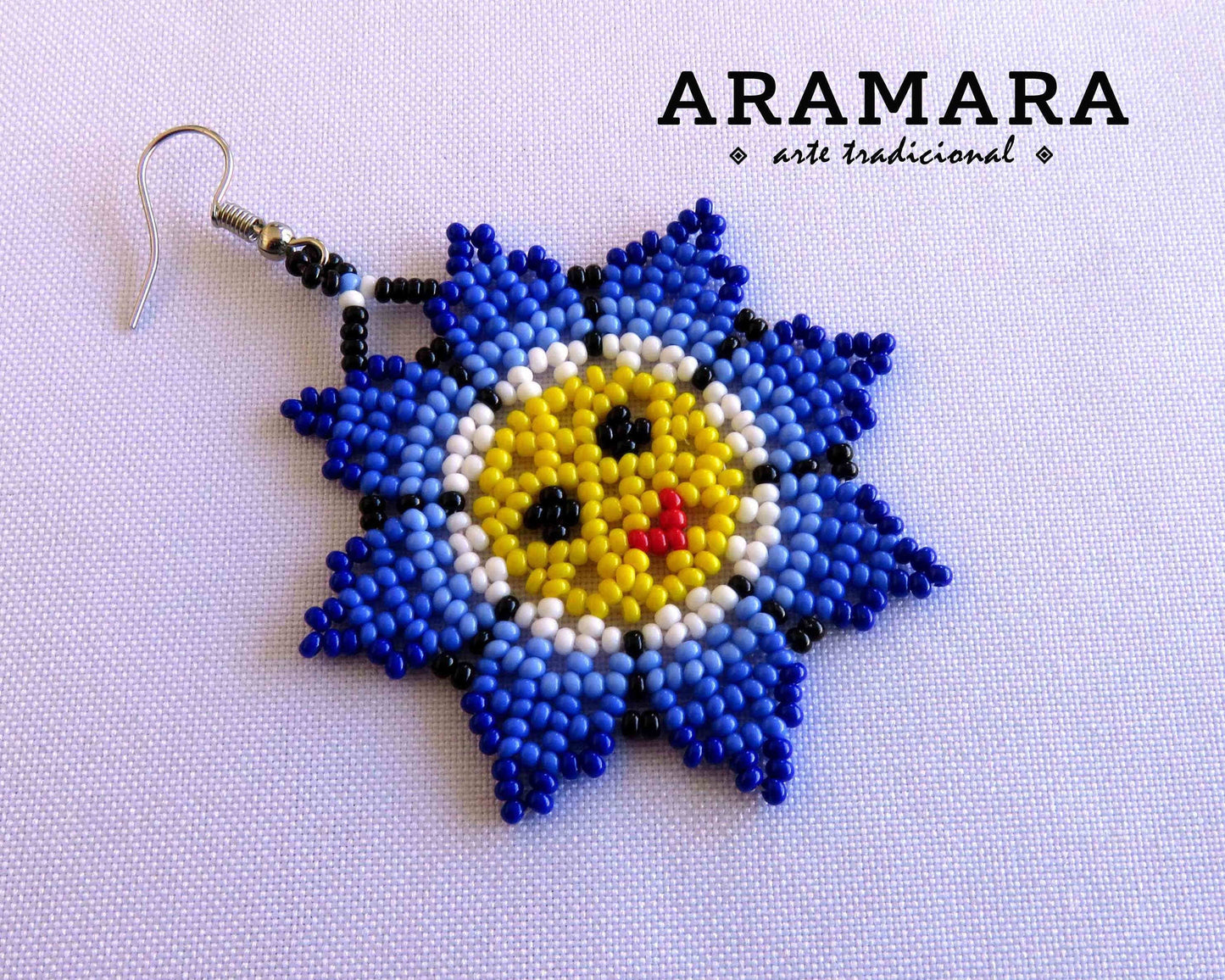 Blue and Yellow Huichol Beaded Flower Earrings | AO-0003