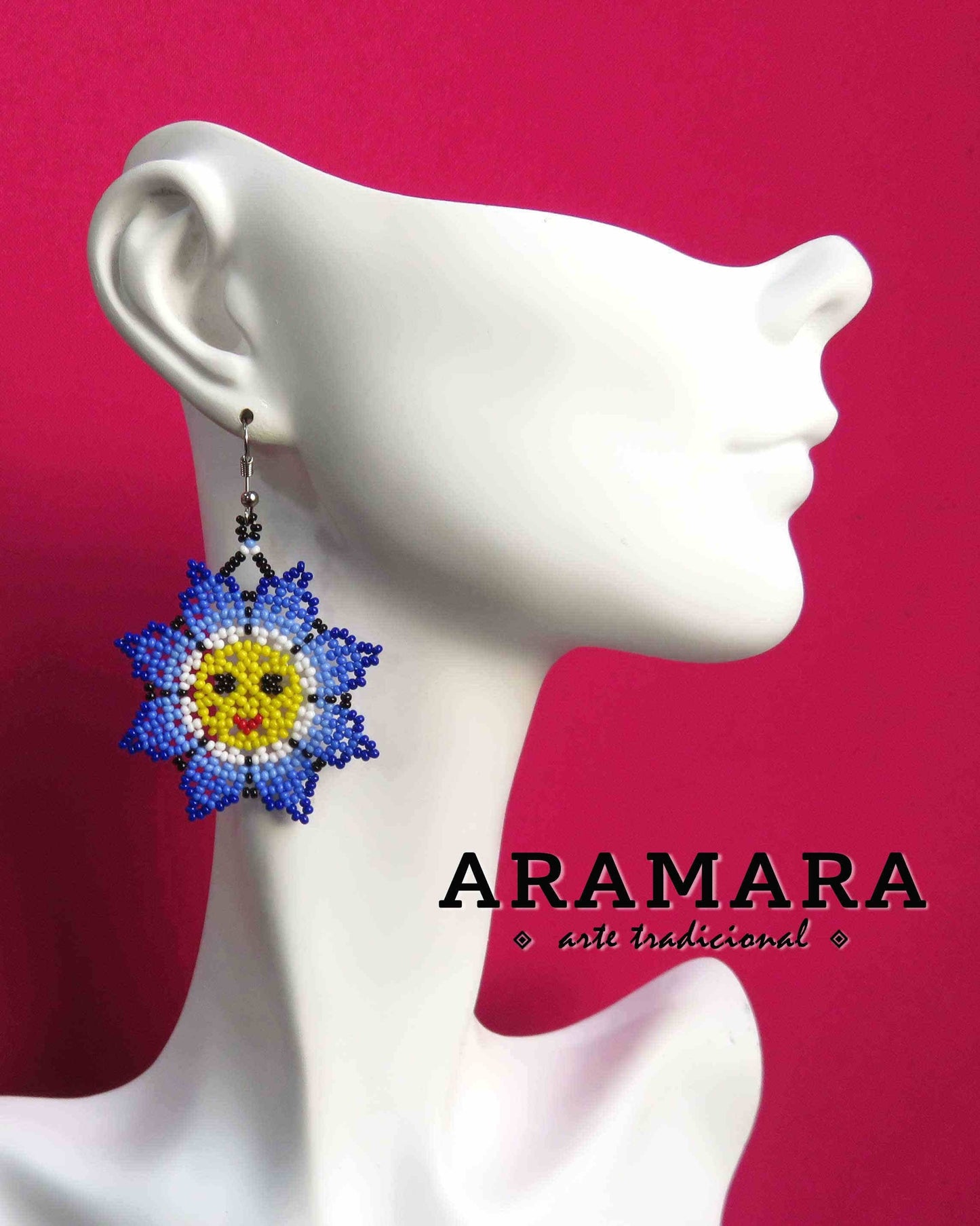 Blue and Yellow Huichol Beaded Flower Earrings | AO-0003