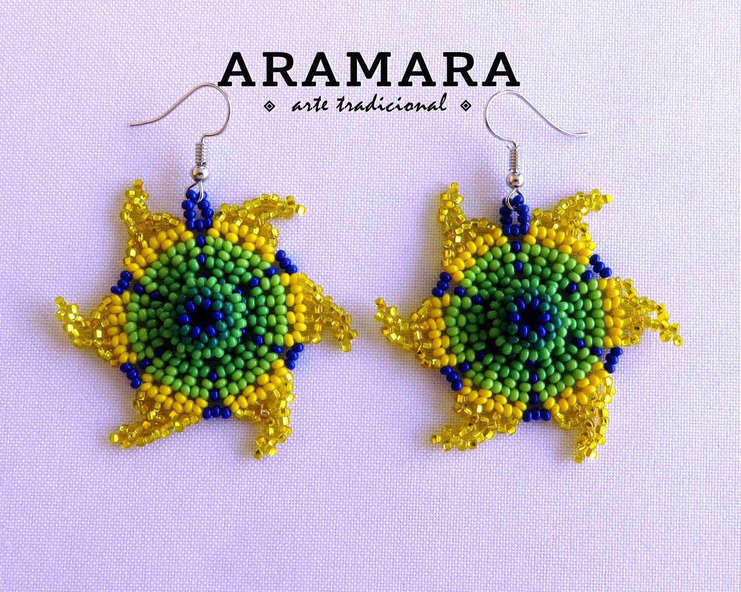Yellow and green Huichol Beaded Flower Earrings | AF-0802