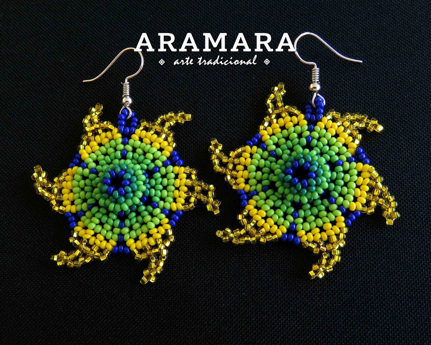 Yellow and green Huichol Beaded Flower Earrings | AF-0802