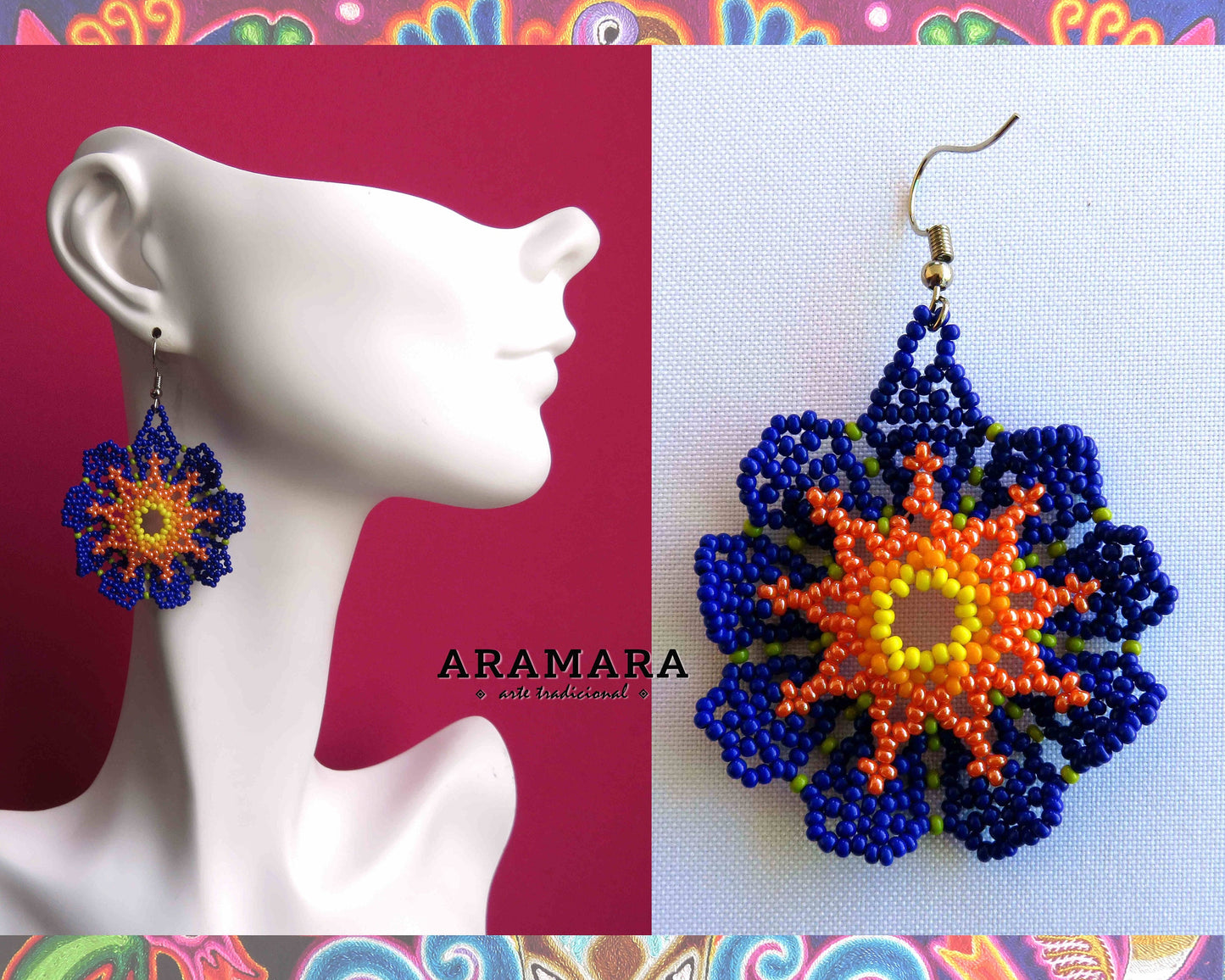 Native american earrings, Huichol Earrings, Mexican folk art, Beaded Flower, Flower Earrings, Mexican earrings, Mexican Jewelry, AF-0813