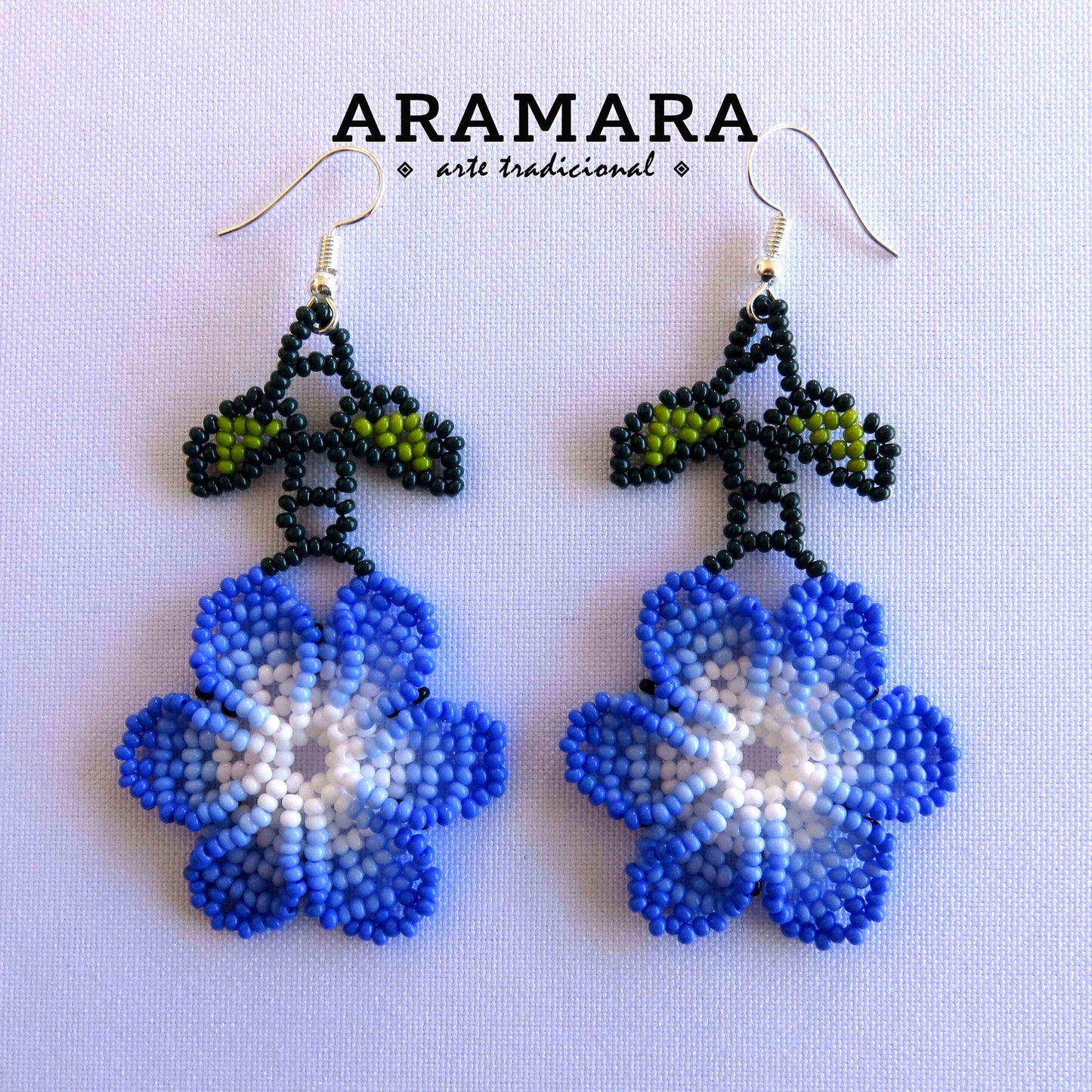 Blue and white Huichol Beaded Flower Earrings | AF-0823