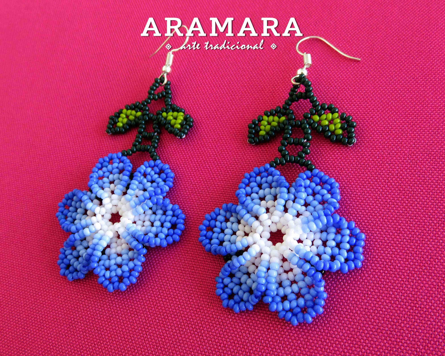 Blue and white Huichol Beaded Flower Earrings | AF-0823