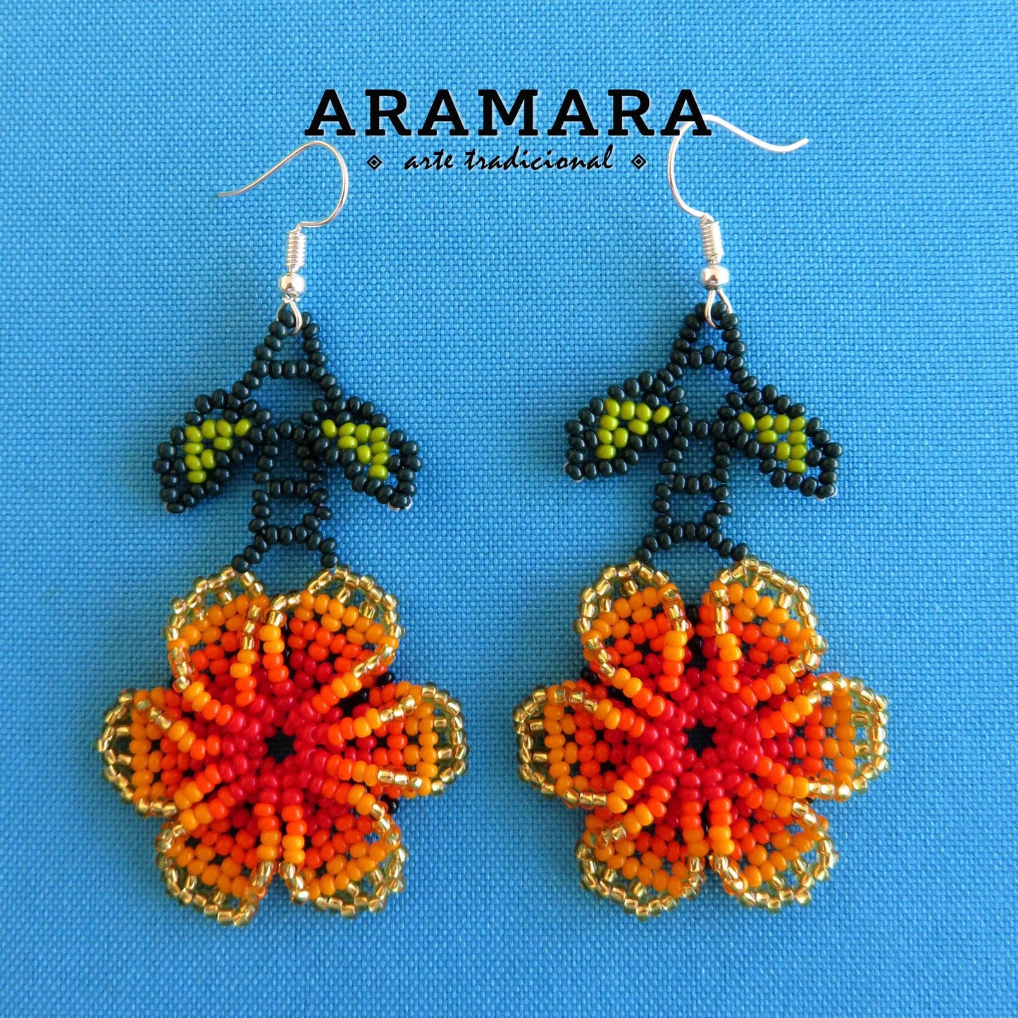 Orange Huichol Beaded Flower Earrings | AF-0824