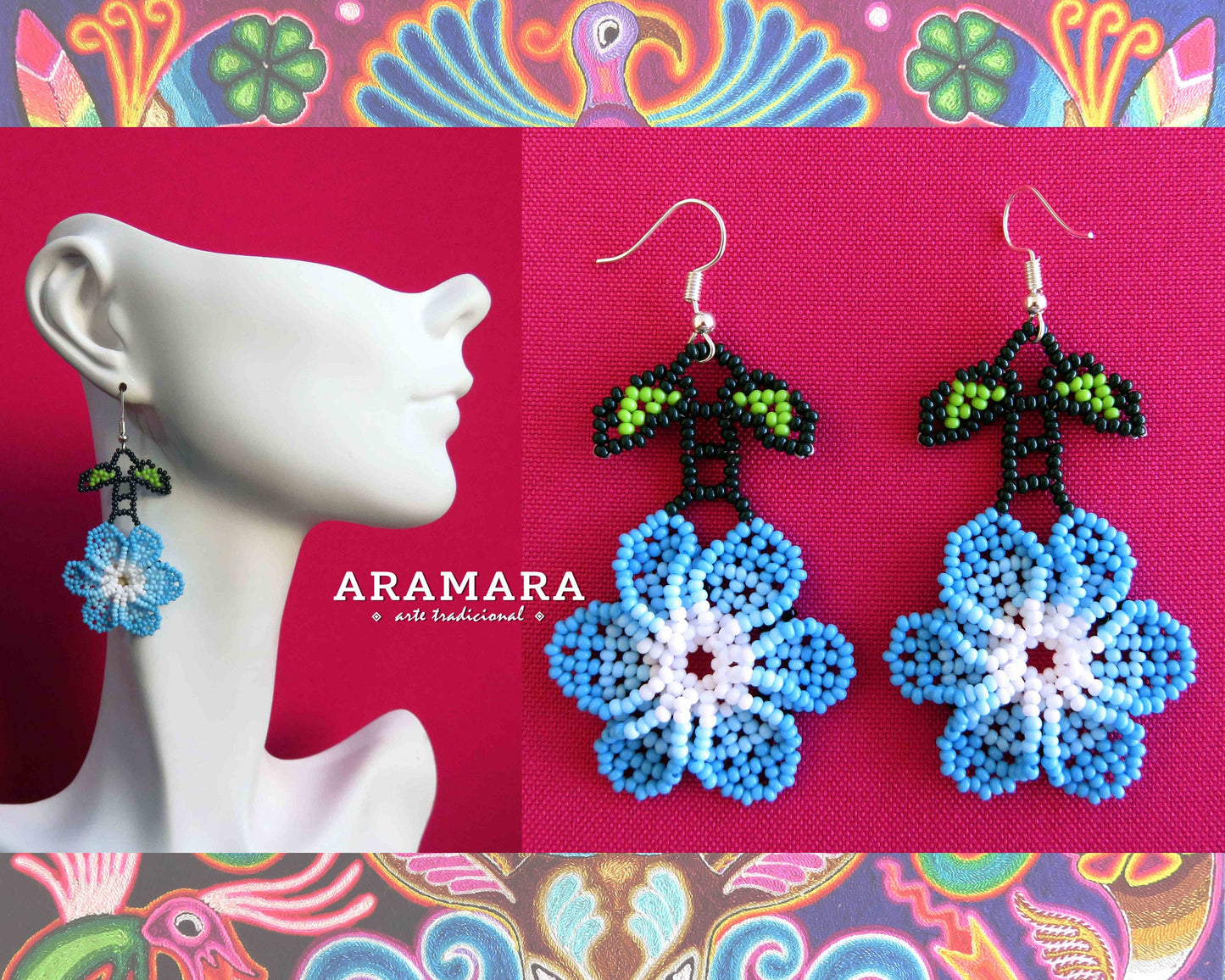 Native american earrings, Beaded Flower, Mexican Jewelry, Huichol Earrings, Mexican earrings, Mexican folk art, Flower Earrings, AF-0827