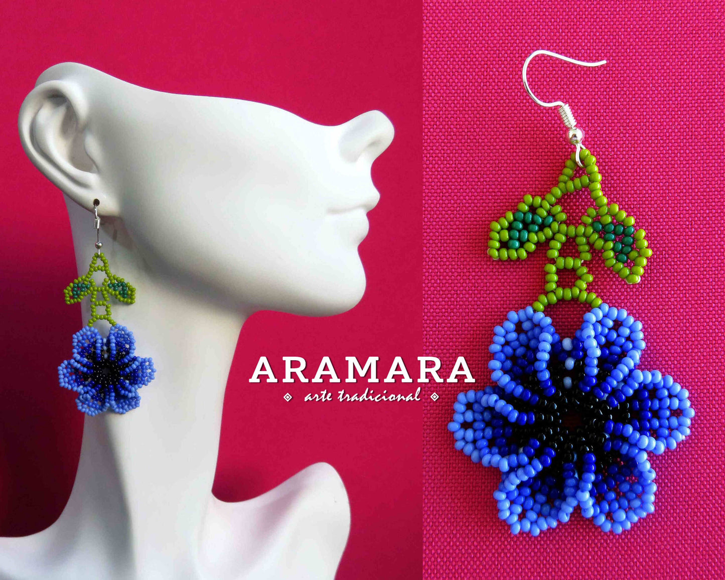 Blue Huichol Beaded Flower Earrings | AF-0829