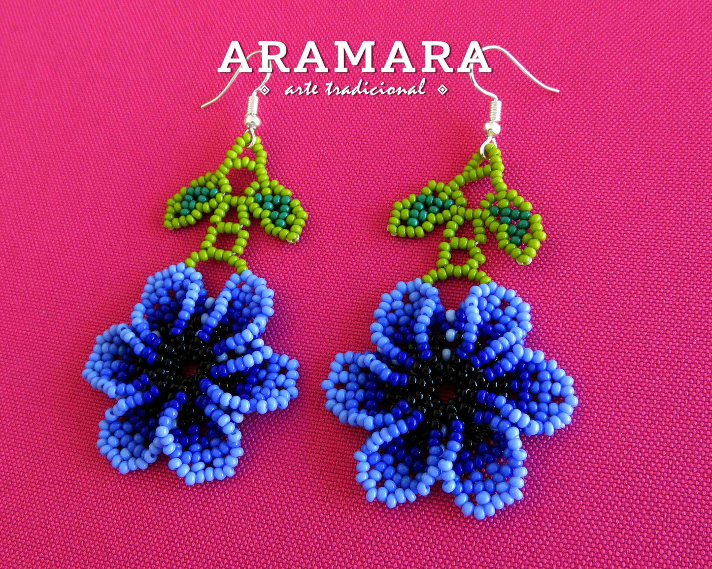 Blue Huichol Beaded Flower Earrings | AF-0829
