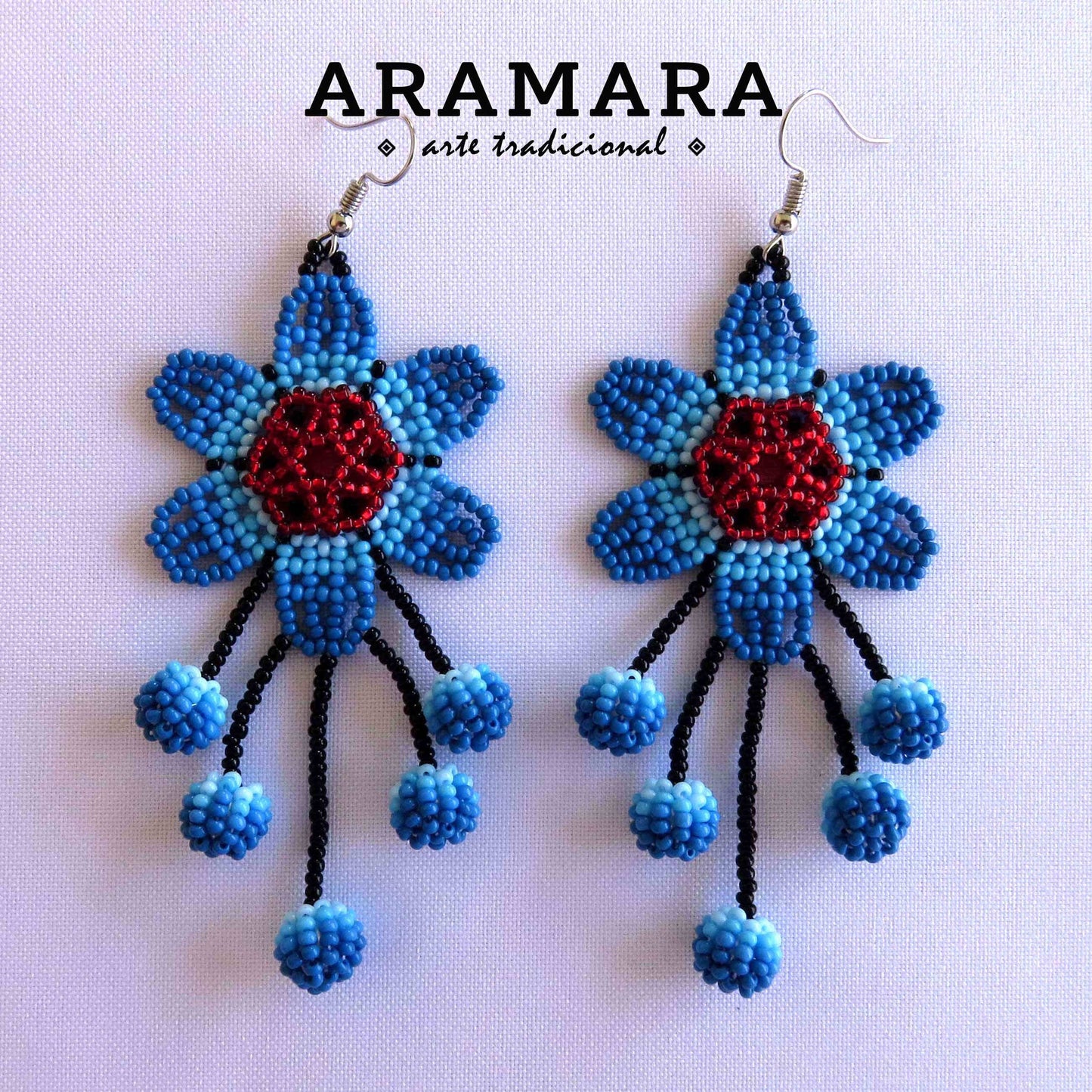 Blue Huichol Beaded Flower Earrings | AF-0853