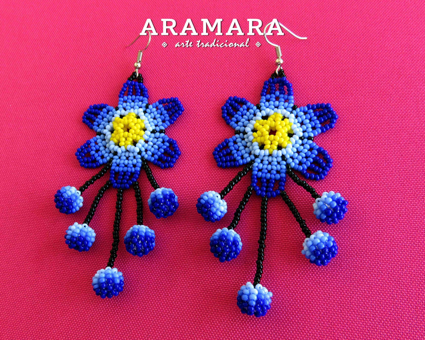 Native american earrings, Huichol Earrings, Mexican earrings, Mexican folk art, Flower Earrings, Mexican Jewelry, Beaded Flower, AF-0855