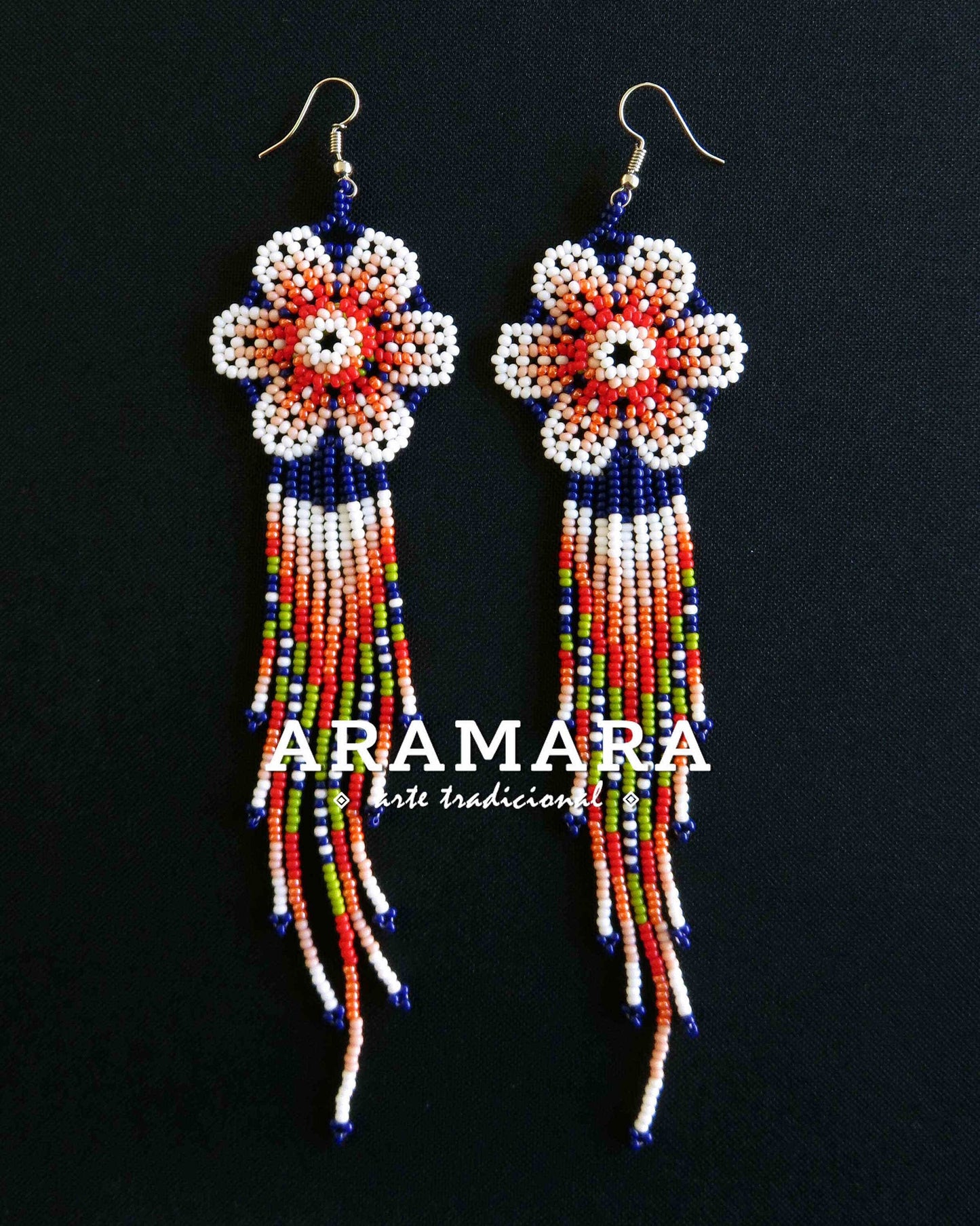 White and Blue Huichol Beaded Flower Earrings | AF-0868