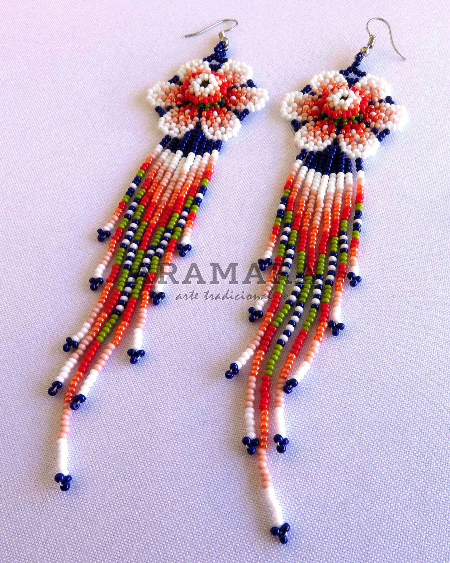 White and Blue Huichol Beaded Flower Earrings | AF-0868