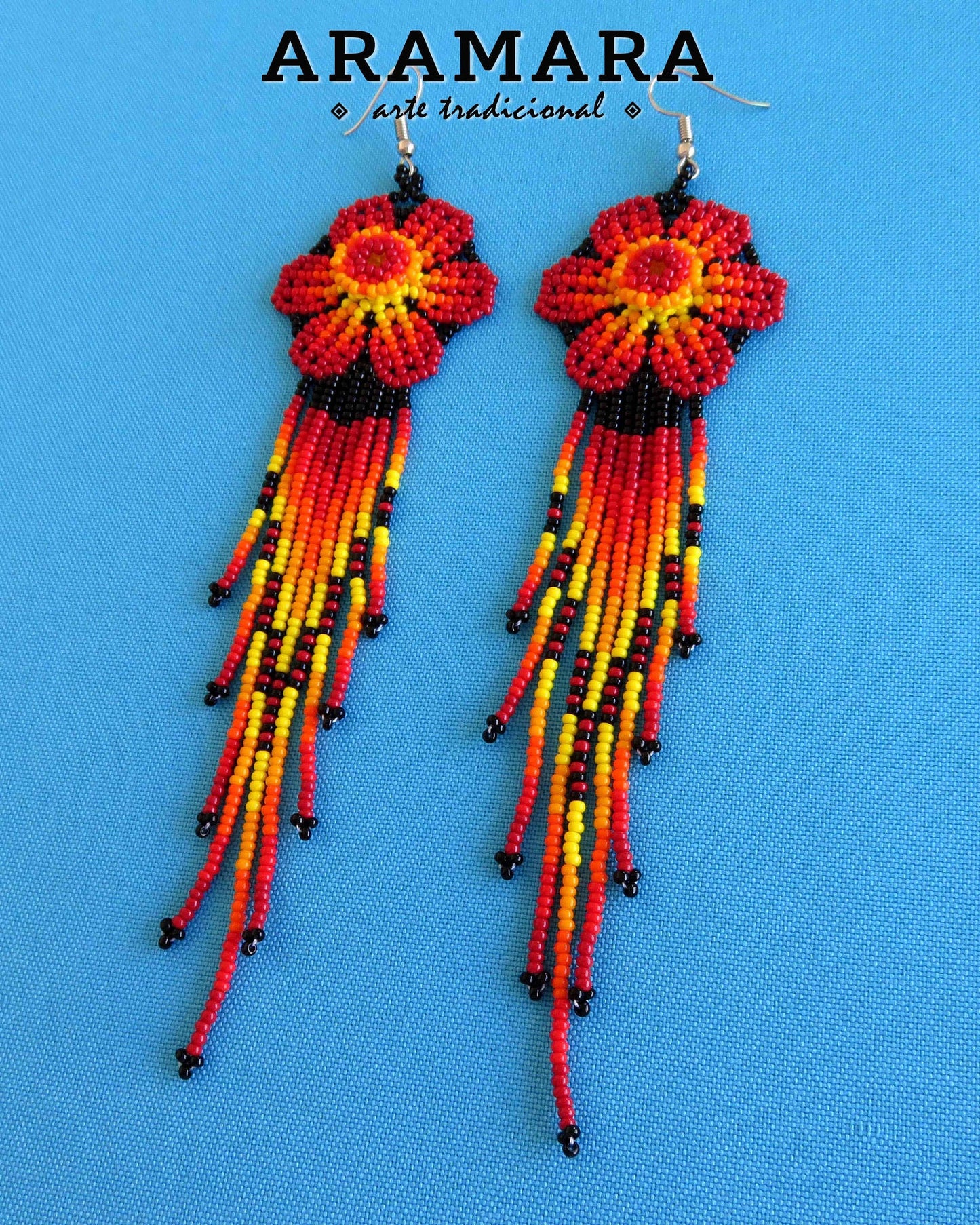 Red Huichol Beaded Flower Earrings | AF-0871