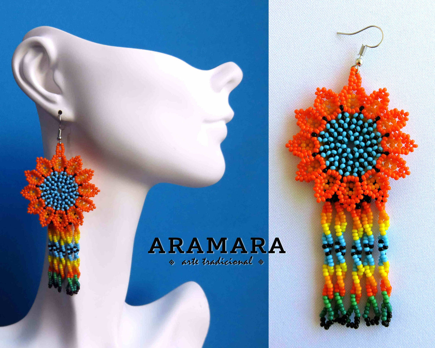 Orange and Blue Huichol Beaded Flower earrings | AF-0873