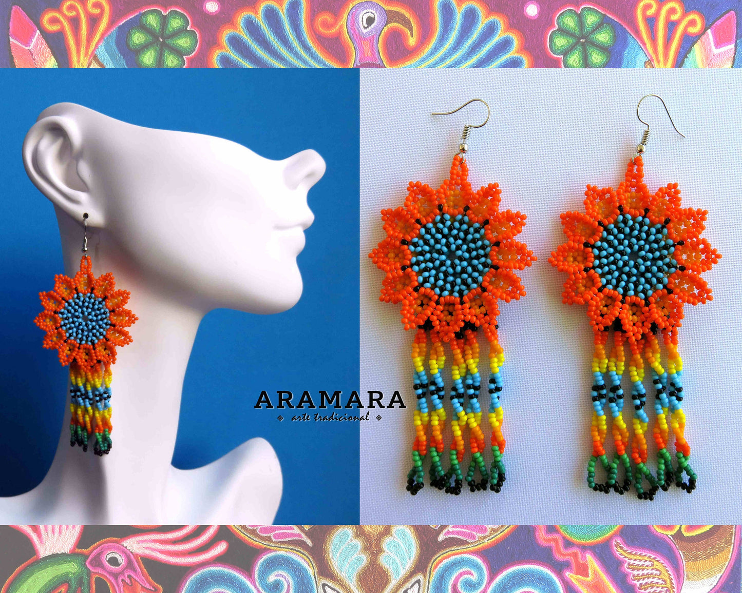 Orange and Blue Huichol Beaded Flower earrings | AF-0873