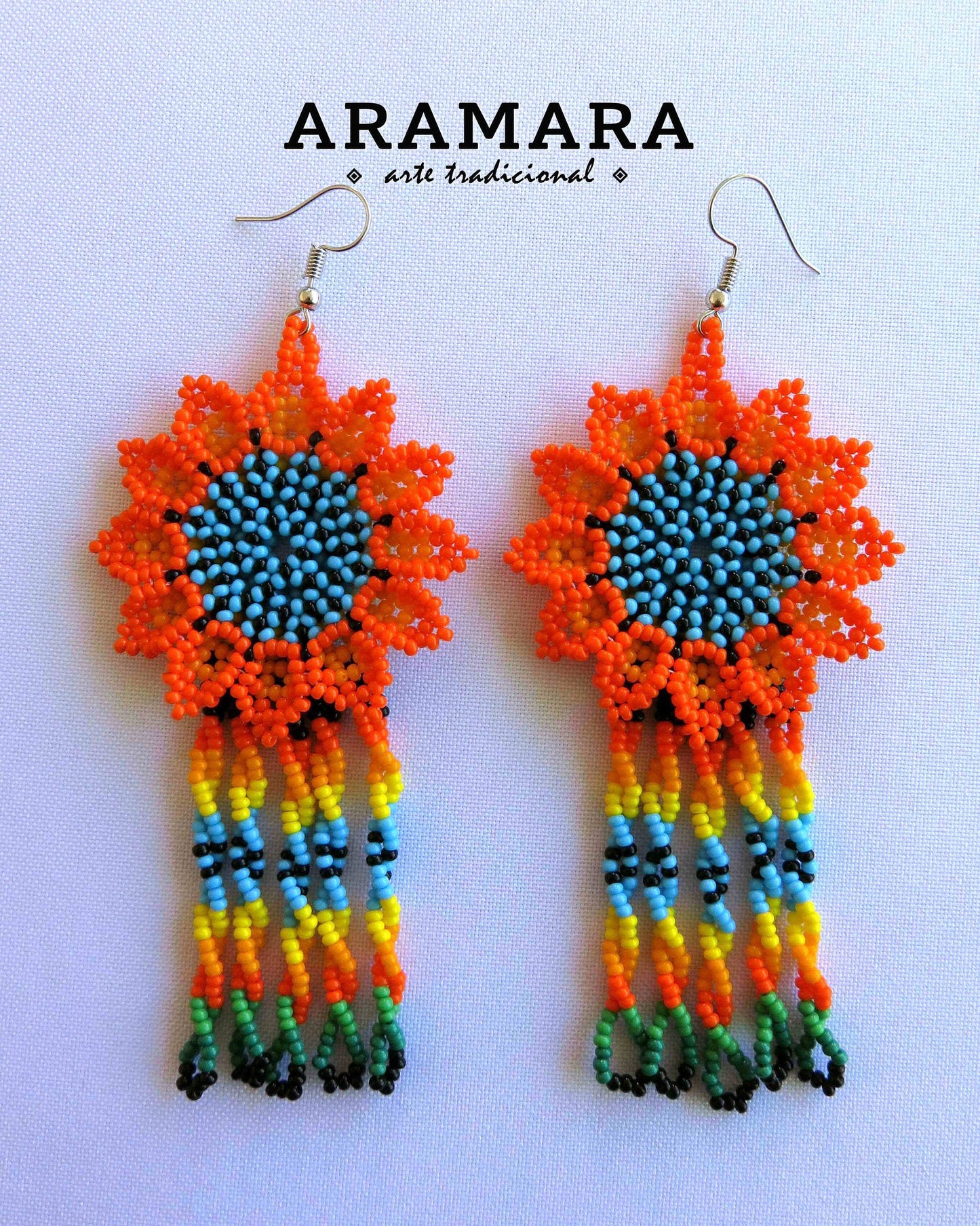 Orange and Blue Huichol Beaded Flower earrings | AF-0873