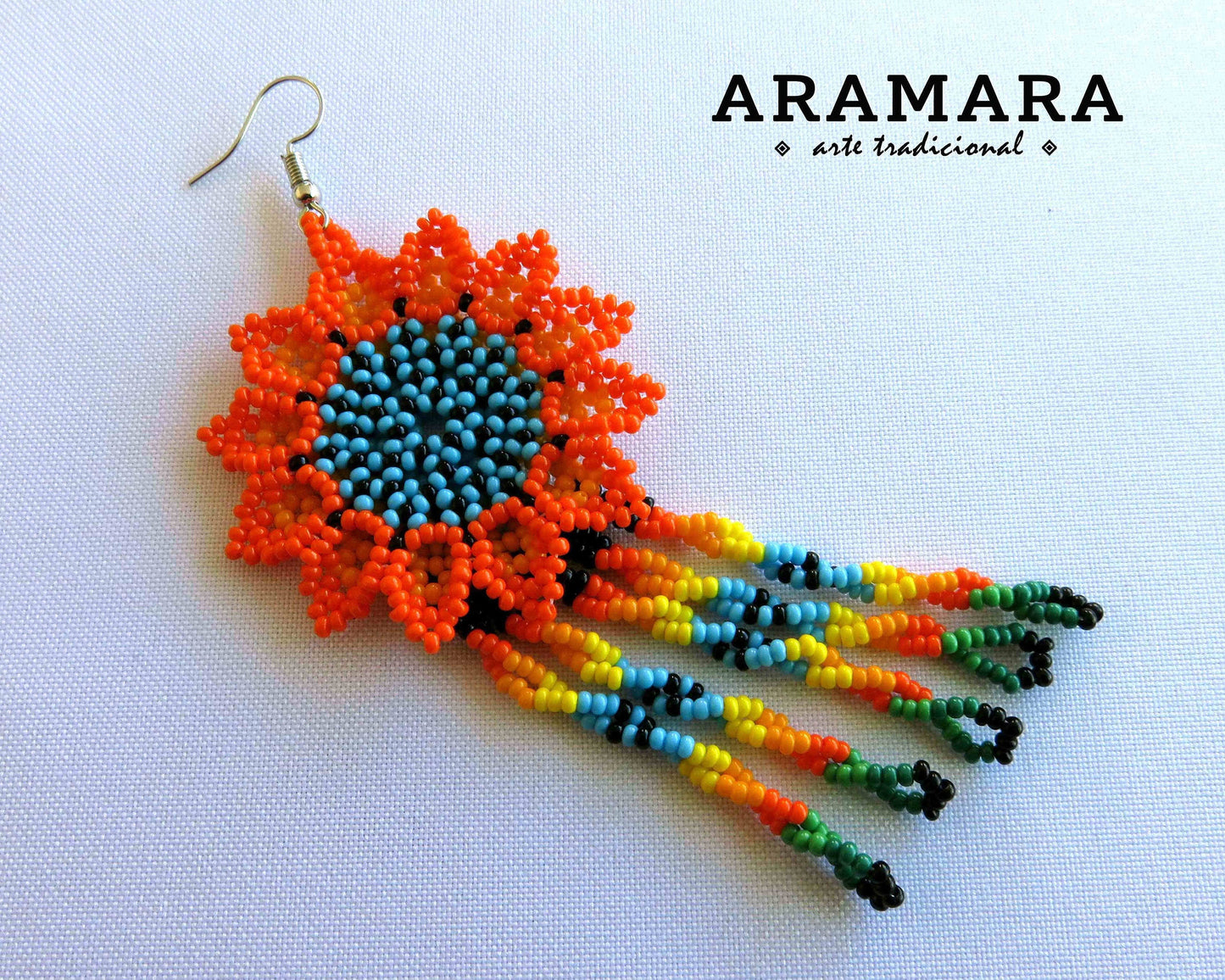 Orange and Blue Huichol Beaded Flower earrings | AF-0873
