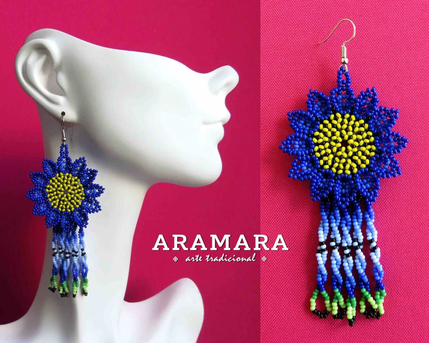Mexican Jewelry, Native american earrings, Mexican folk art, Flower Earrings, Mexican earrings, Beaded Flower, Huichol Earrings, AF-0875