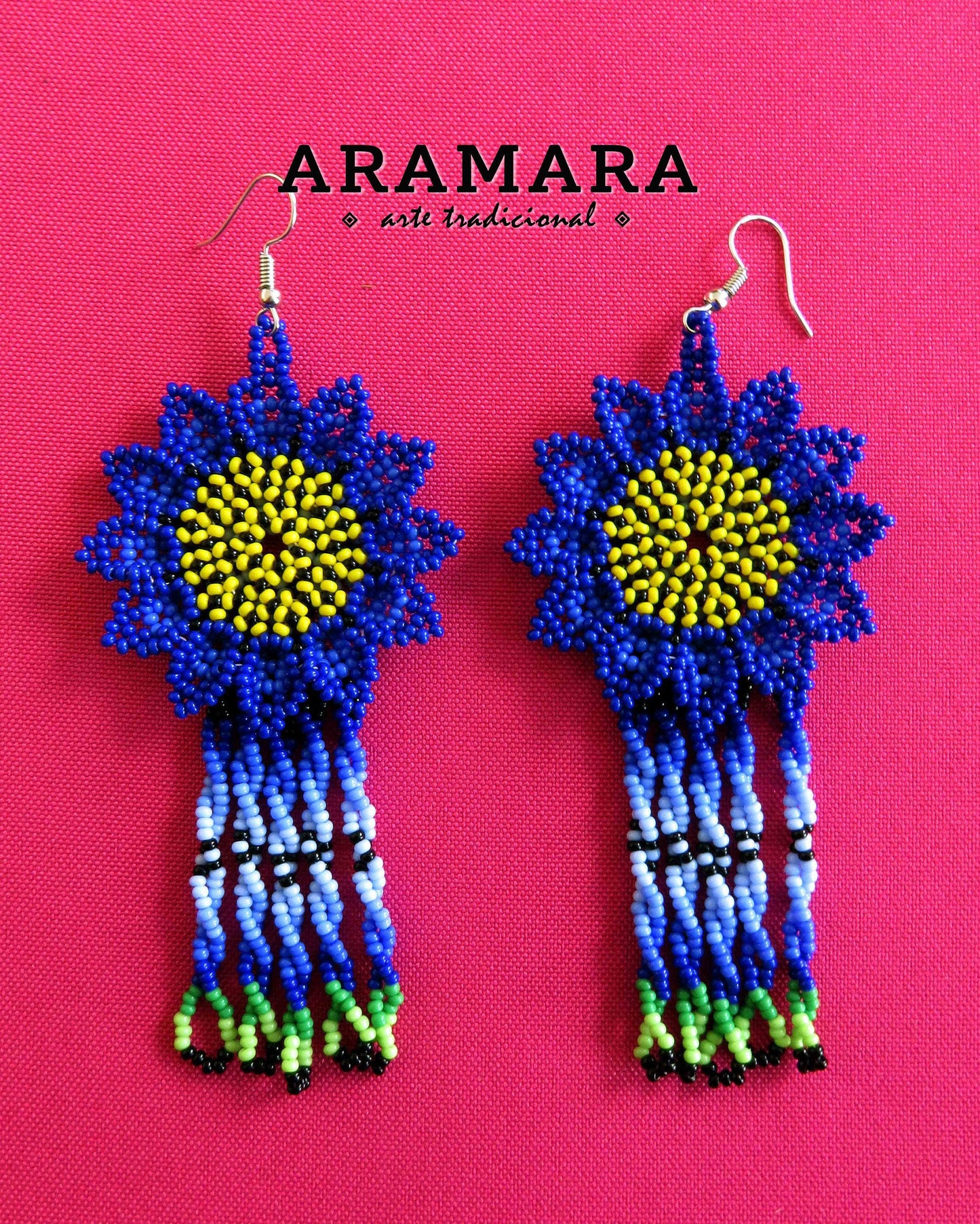 Mexican Jewelry, Native american earrings, Mexican folk art, Flower Earrings, Mexican earrings, Beaded Flower, Huichol Earrings, AF-0875