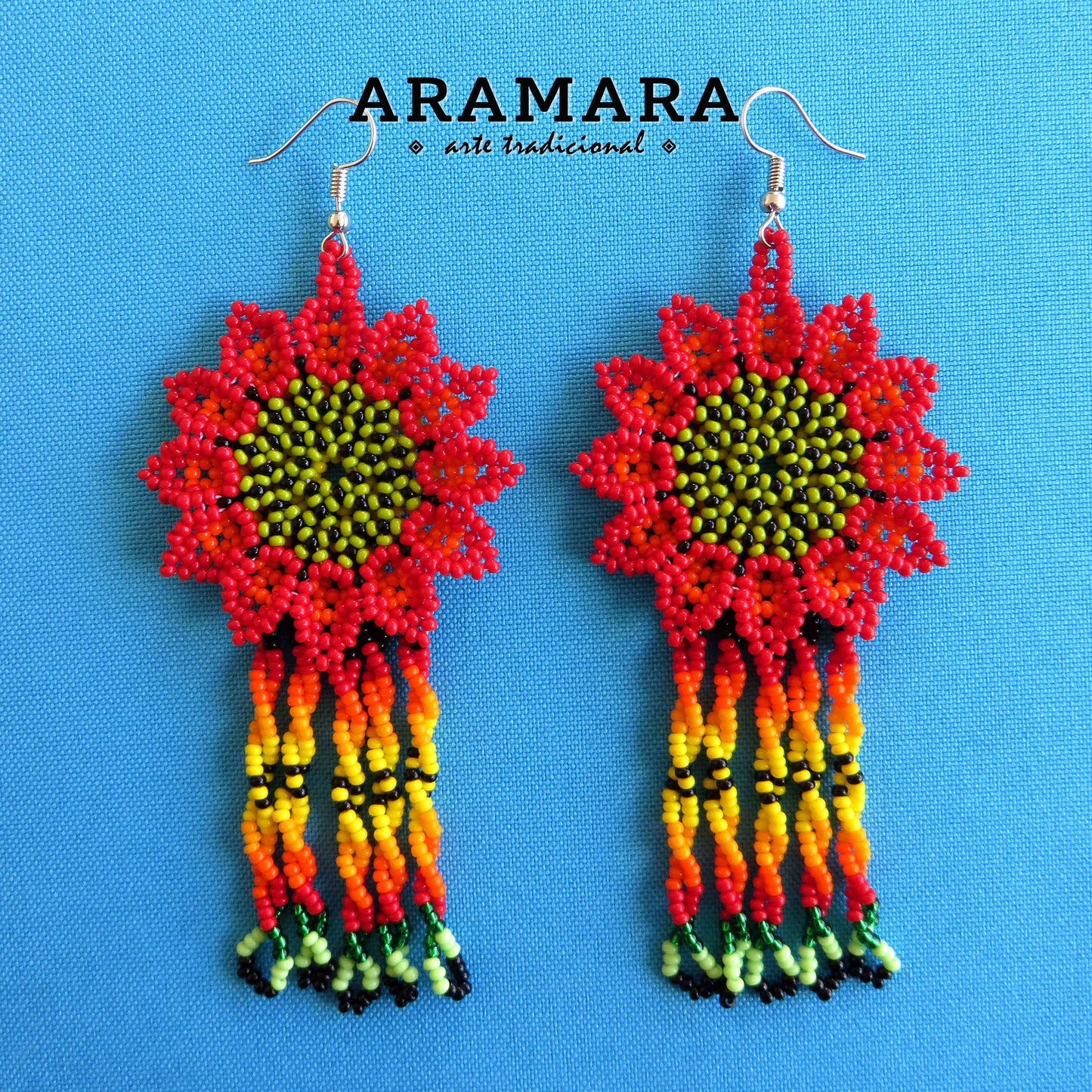 Red Huichol Beaded Flower Earrings | AF-0876