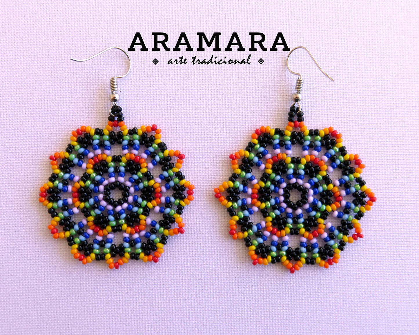 Yellow Huichol Beaded Flower Mandala Earrings | AF-0884