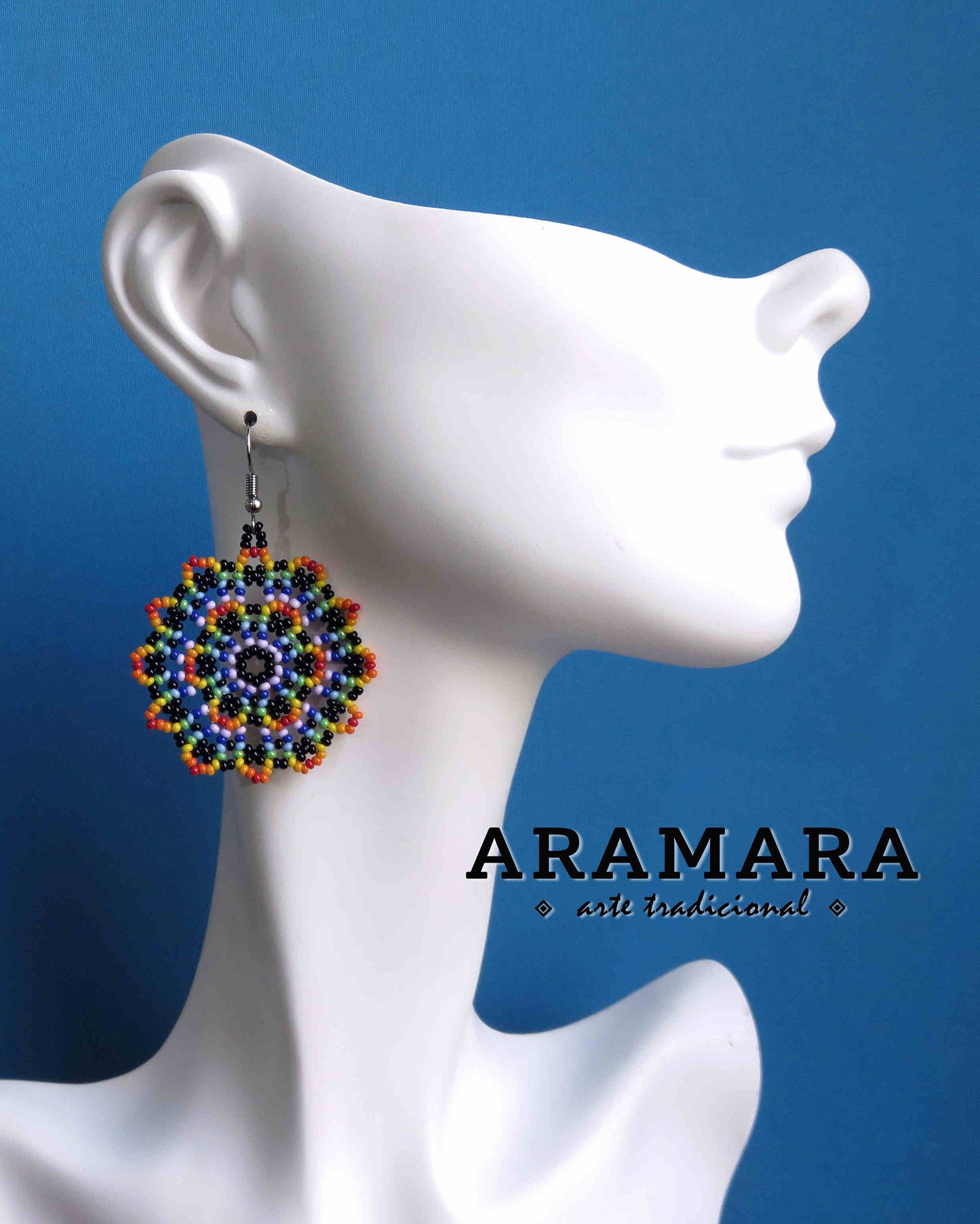 Yellow Huichol Beaded Flower Mandala Earrings | AF-0884