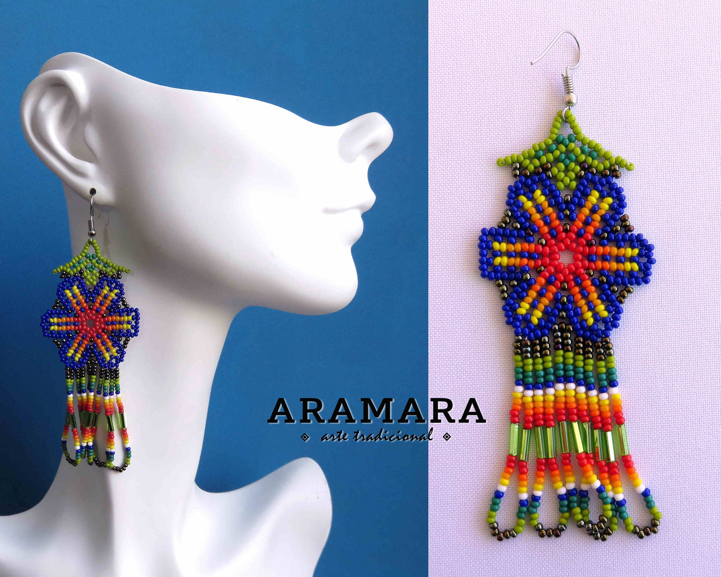 Mexican Jewelry, Mexican folk art, Native american earrings, Mexican earrings, Huichol Earrings, Beaded Flower, Flower Earrings, AF-0892
