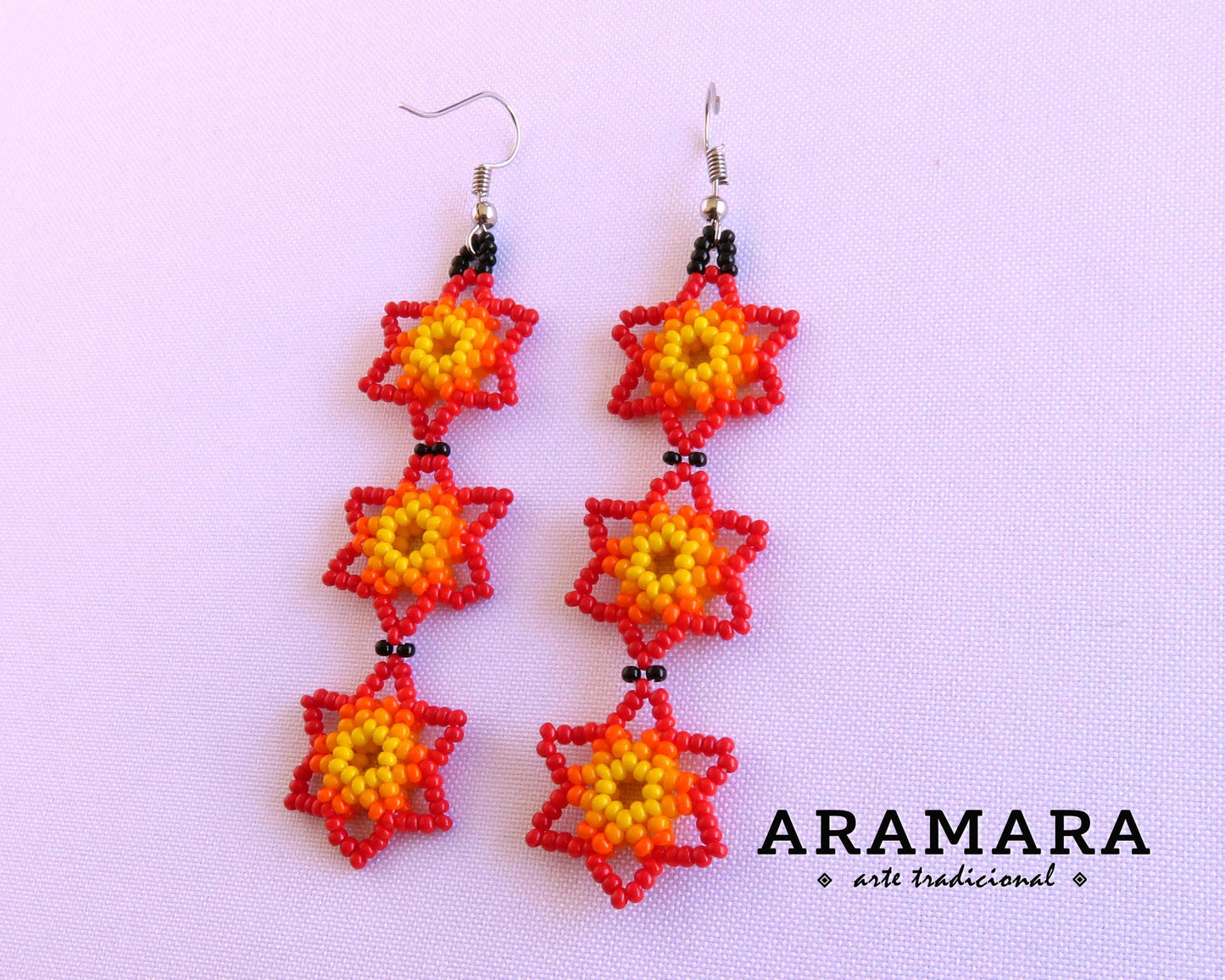 Red and Yellow Huichol Beaded Flower Earrings | AF-0028