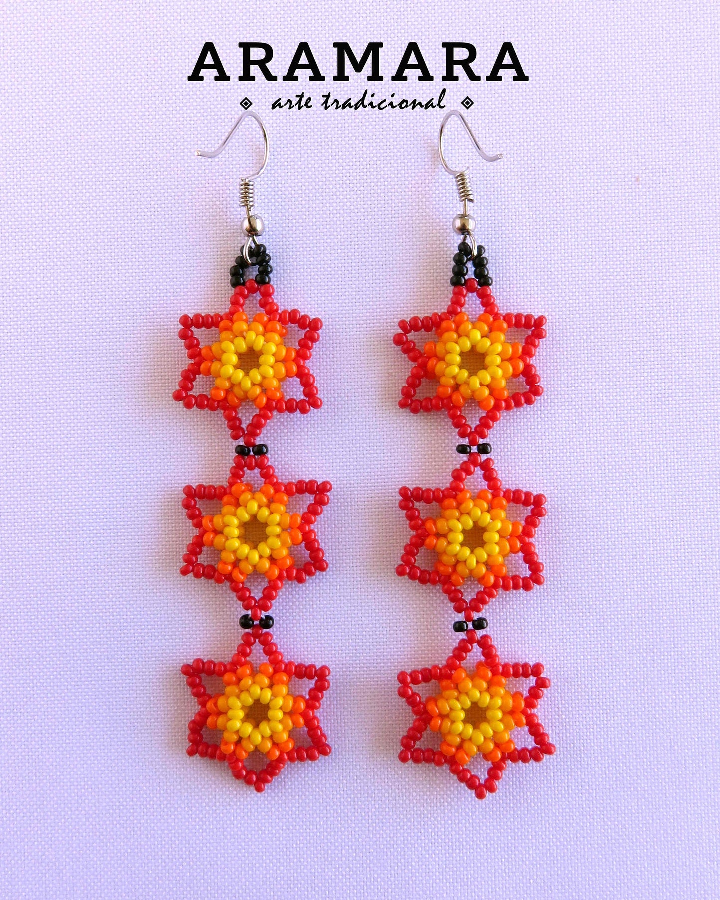 Red and Yellow Huichol Beaded Flower Earrings | AF-0028
