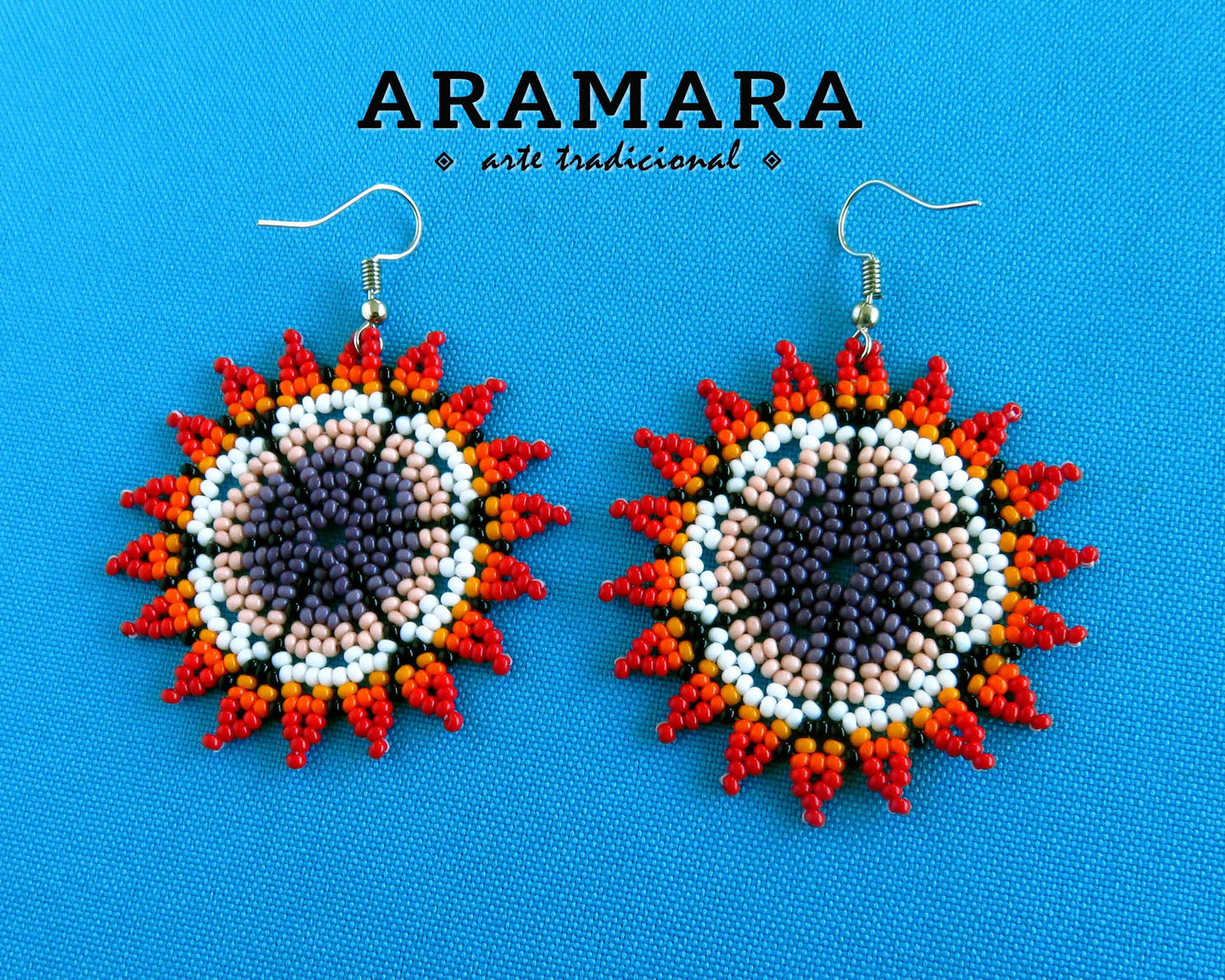 Mexican Huichol Beaded Red and White Flower Earrings AF-0070 Mexican earrings - Mexican Jewelry - Huichol earrings - Huichol beadwork