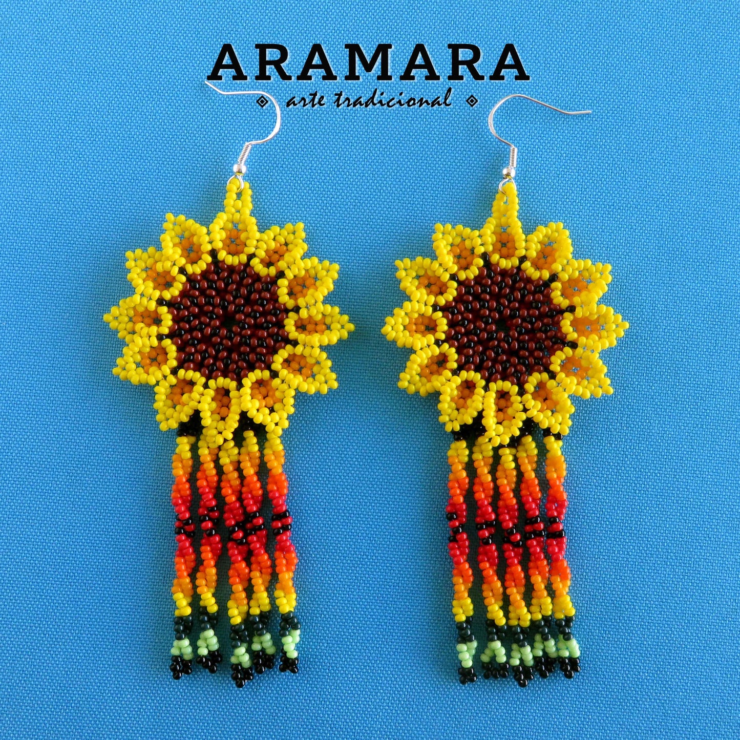 Yellow Huichol Beaded Flower Earrings | AF-0673