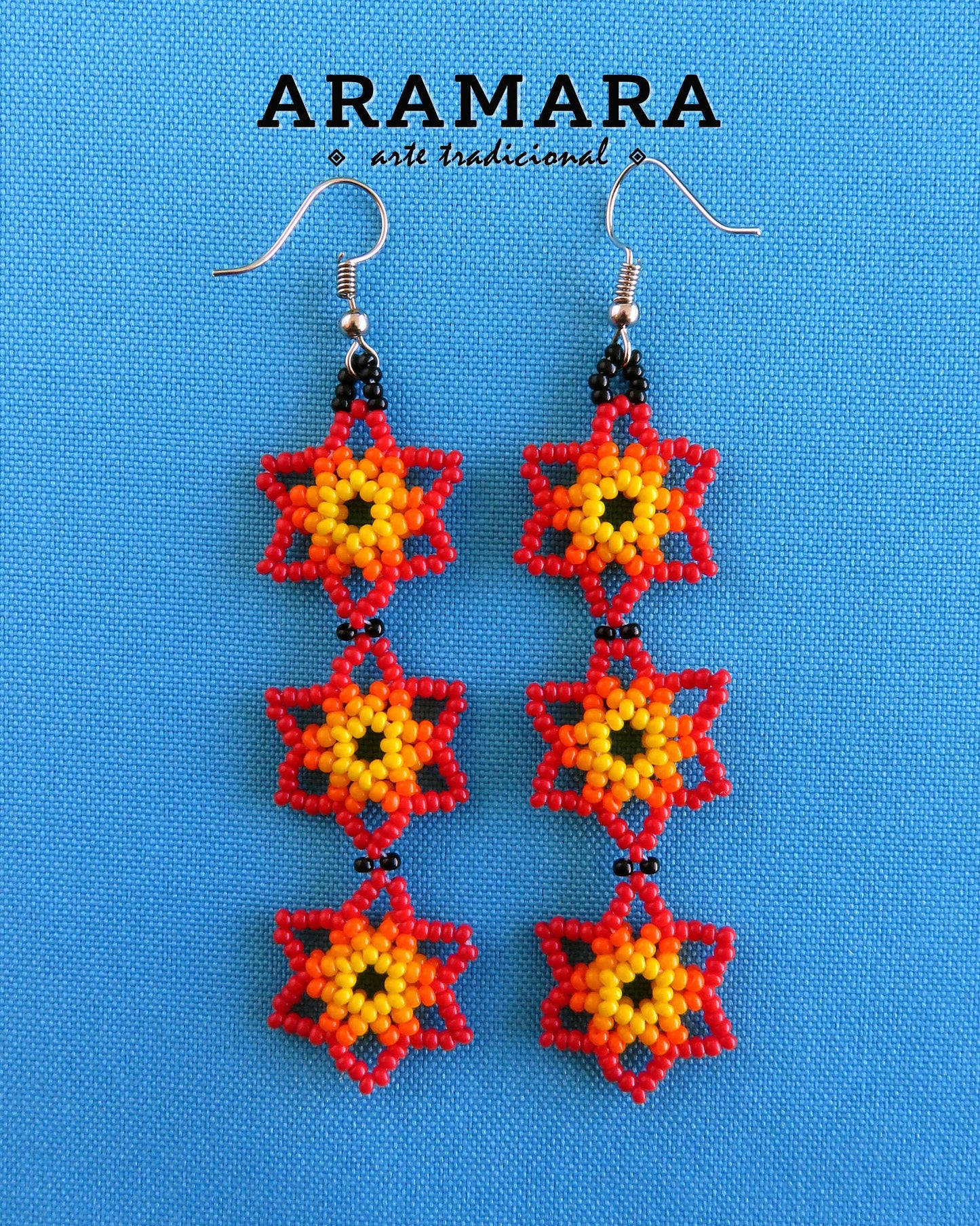 Red and Yellow Huichol Beaded Flower Earrings | AF-0028