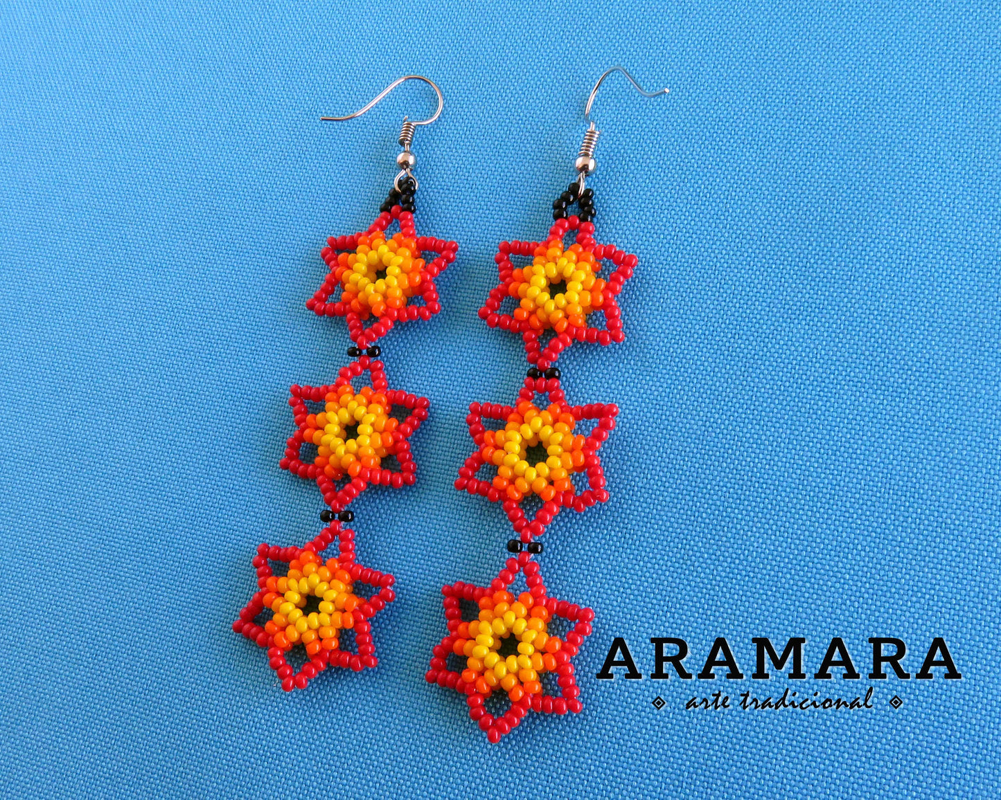 Red and Yellow Huichol Beaded Flower Earrings | AF-0028