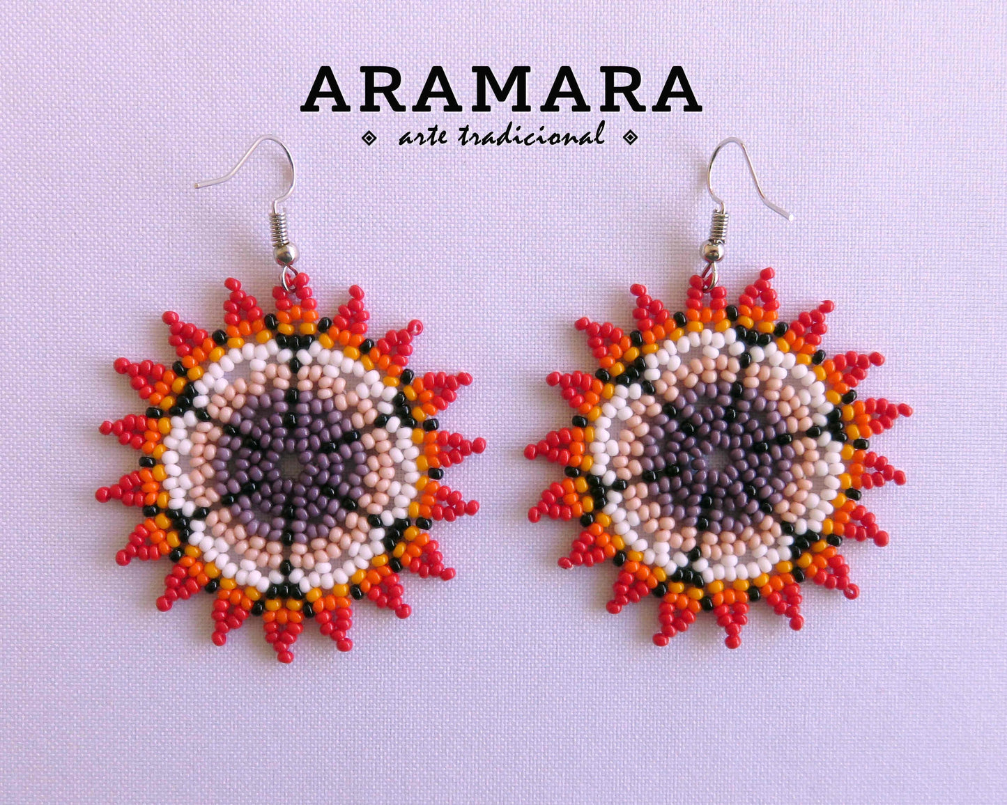Mexican Huichol Beaded Red and White Flower Earrings AF-0070 Mexican earrings - Mexican Jewelry - Huichol earrings - Huichol beadwork