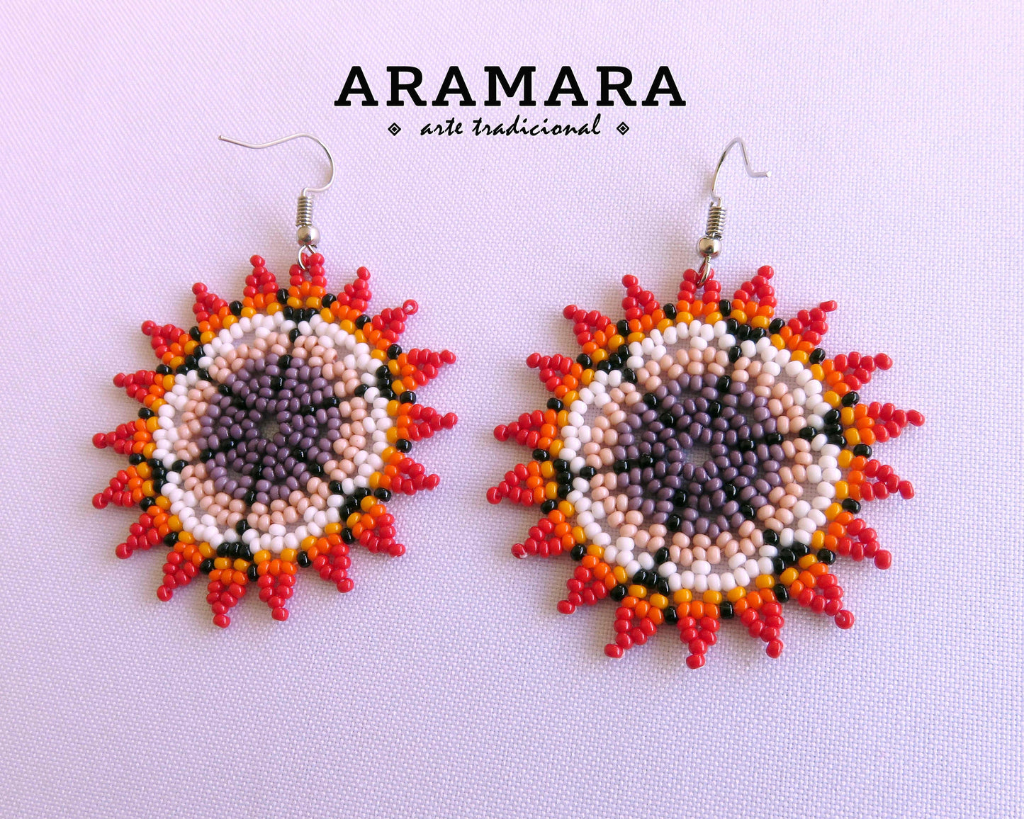 Mexican Huichol Beaded Red and White Flower Earrings AF-0070 Mexican earrings - Mexican Jewelry - Huichol earrings - Huichol beadwork