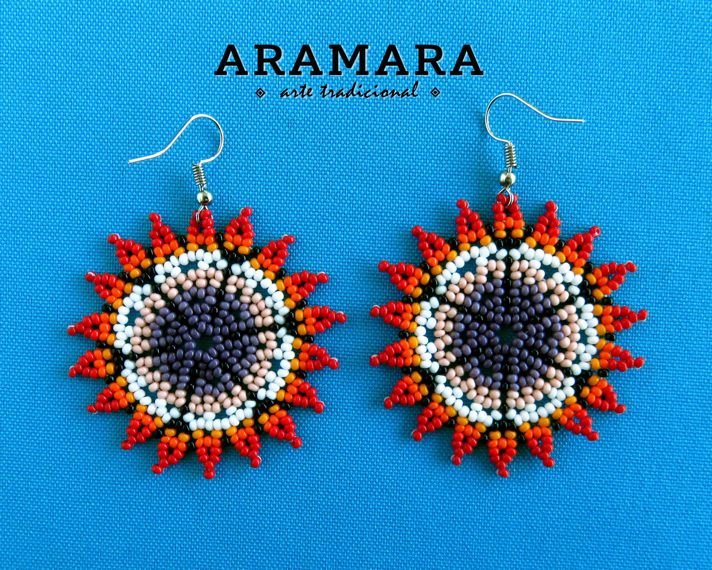 Mexican Huichol Beaded Red and White Flower Earrings AF-0070 Mexican earrings - Mexican Jewelry - Huichol earrings - Huichol beadwork